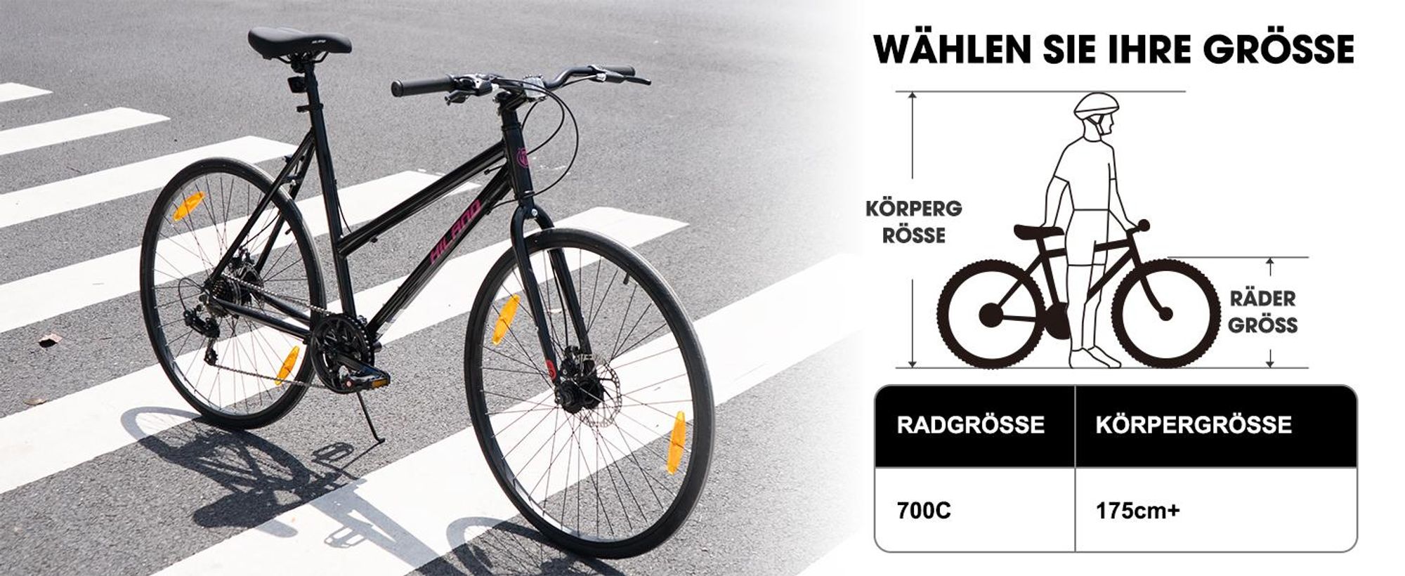 HILAND Cityrad 700C Herren Damen Student Aluminiumlegierung Pendler Stadtfahrrad, 7-Gang, mit Schutzblechen, Gepäckträger, Mechanische Scheibenbremse