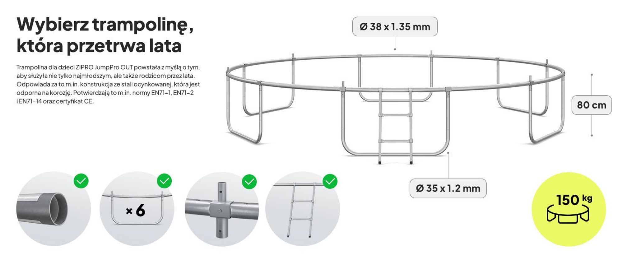 Trampolina ZIPRO Jump Pro Out | 14FT Ø 435 cm | Trampolina ogrodowa Trampolina dla dzieci Kompletny zestaw z siatką zewnętrzną, drabinką i osłoną krawędzi, do użytku na zewnątrz, zielona