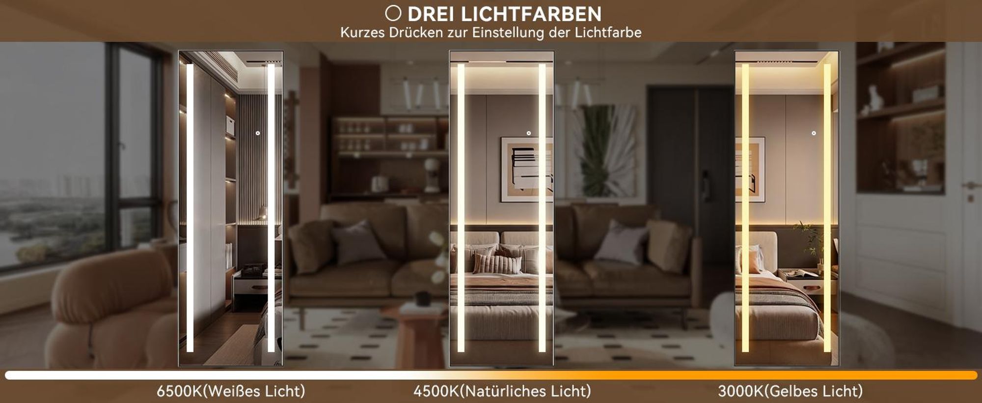 Puluomis Ganzkörperspiegel 150x50 cm mit 3 Farben Beleuchtung dimmbar, mit Aluminiumrahmen horizontal/vertikal zur Wandmontage oder zum Stellen/Lehnen