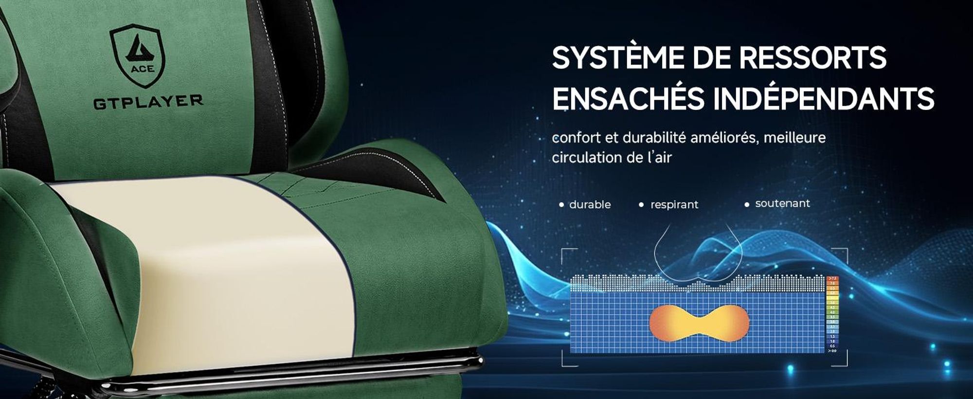 Chaise de jeu GTPLAYER, Chaise de jeu ergonomique en tissu avec soutien lombaire, Chaise PC avec dossier élargi, supporte jusqu'à 150 kg, Vert