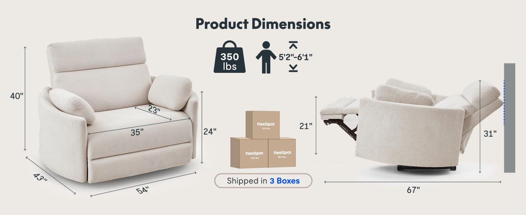 FLEXISPOT Mochi Pro Zero-Wall XXL Elektrischer Relaxsessel, 1,5-Sitzer mit 138 cm Sitzbreite, Fernsehsessel für Große&Schwere, Klemmschutz&USB-C,Beige