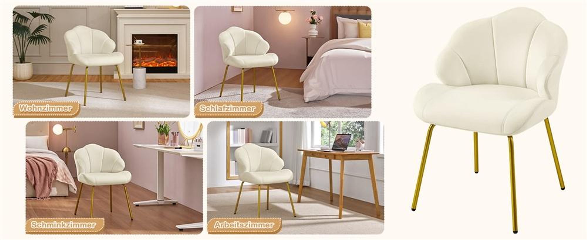 Yaheetech Esszimmerstuhl Polsterstuhl in Muschelform, Schminktisch Stuhl mit Metallbeinen, Wohnzimmer/Schlafzimmer, Beige