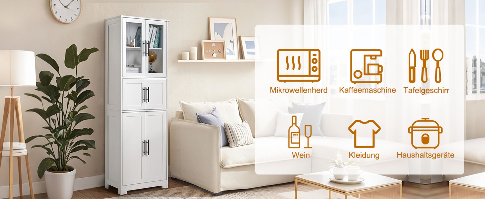 FCH Hochschrank Badezimmerschrank,Küchenschrank mit 6 Türen, mit Verstellbaren Ablagen, Weiß 60 x 30 x 170cm