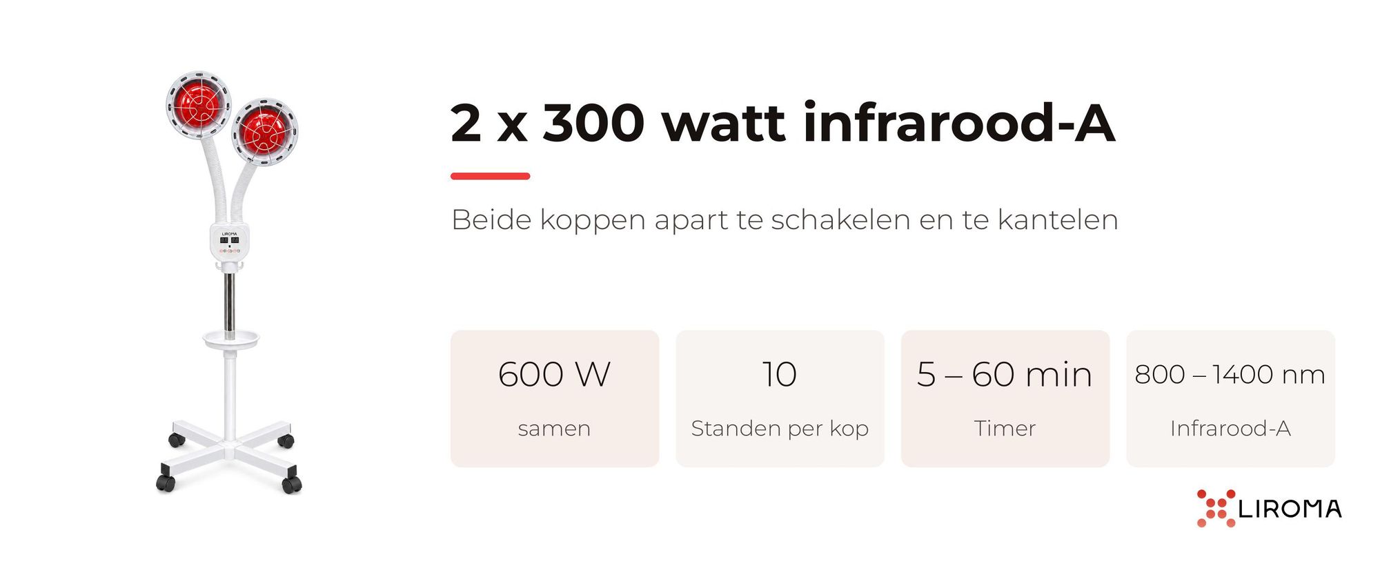 LIROMA infraroodlamp dubbele kop: 2 x 300 W infrarood-A, 10 standen per kop, timer