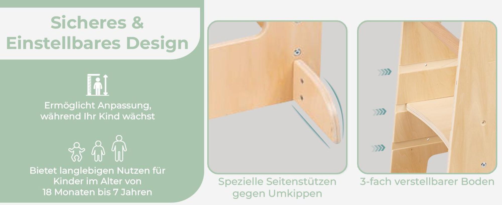 KiddyMoon Lernturm ST-003 Kitchen Helper Montessori Möbel Holz Höhenverstellbar Tritthocker Für Babys Und Kinder, Grau