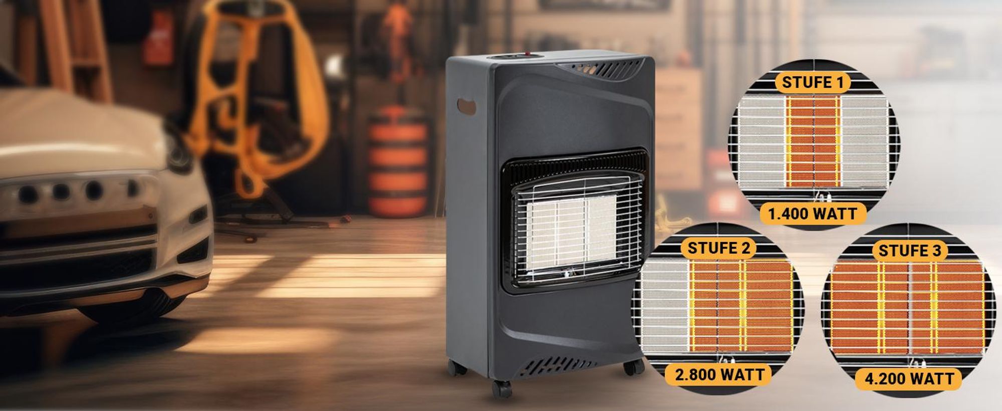 Heidenfeld Gasofen GH100 | Keramik-Gasheizer - Heizstrahler - Transportrollen - 3 Heizstufen -Kippsensor & Rollen - Piezo-Zündung - bis 4200 Watt