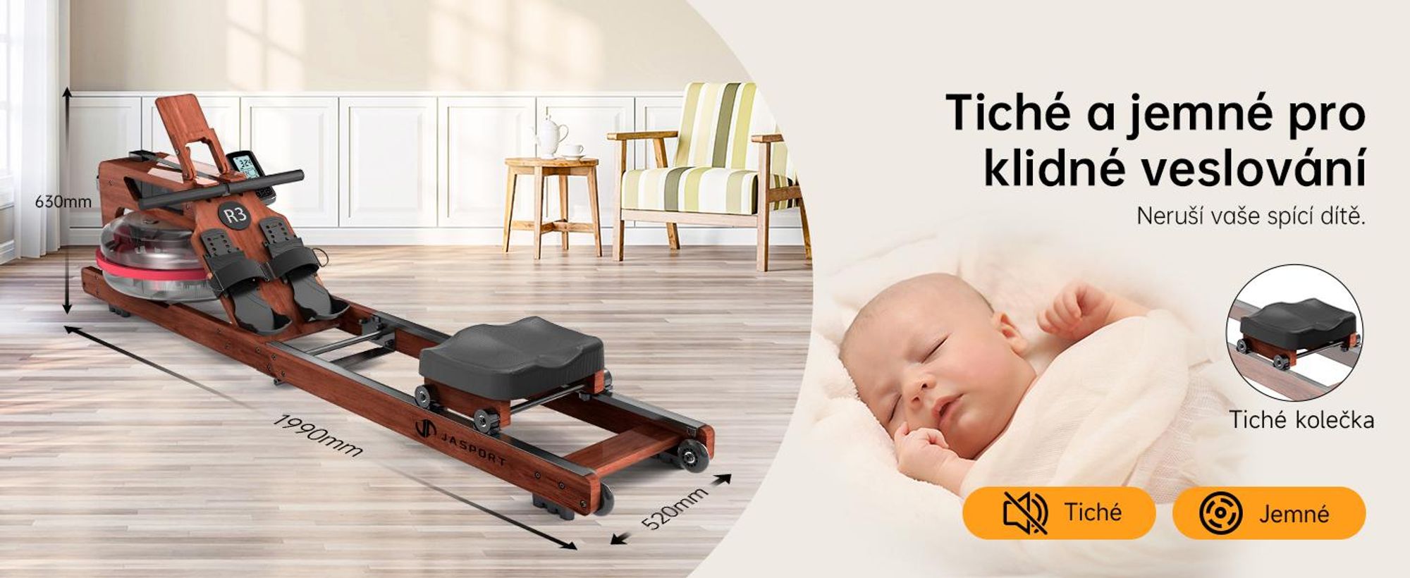JASPORT R3 skladací vodný veslovací trenažér na doma z ho dubového dreva Bluetooth, LCD, Kinomap, 28 l, do 150 kg – Sapele