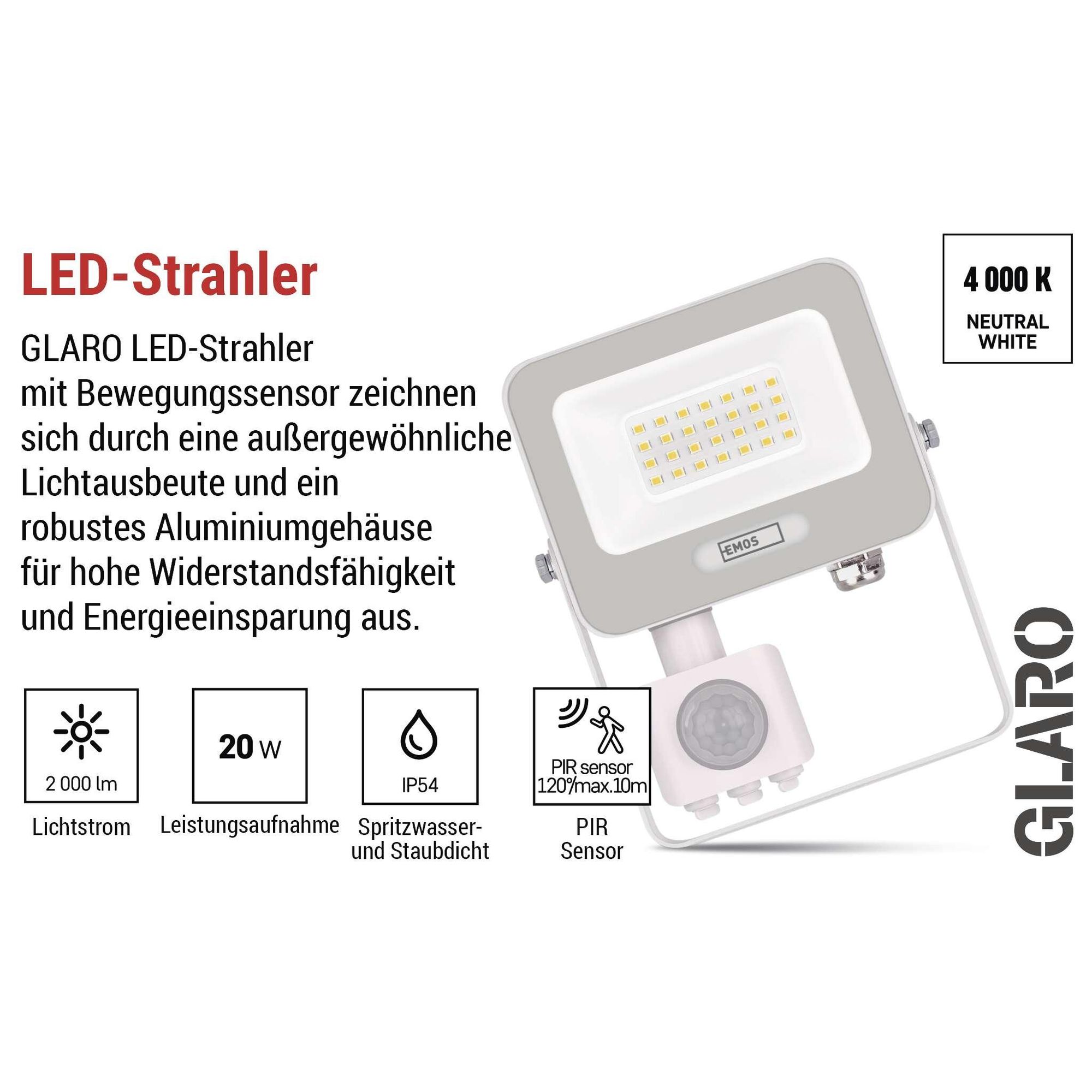 EMOS LED Aluminium-Strahler GLARO 20W mit Sensor, IP54 für Feuchtraum/Außen, 2000lm, Neutralweiß 4000K, 20cm Gummi-Kabel, Weiß, ZS2324W