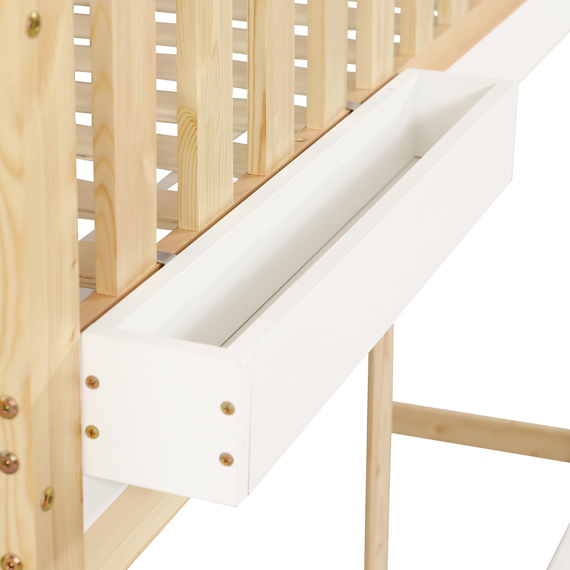 Flieks Etagenbett 90x200cm mit Tafel, Kinderbett mit Rausfallschutz und Lattenrost, Hochbett mit Aufbewahrungsbox, Naturbelassen
