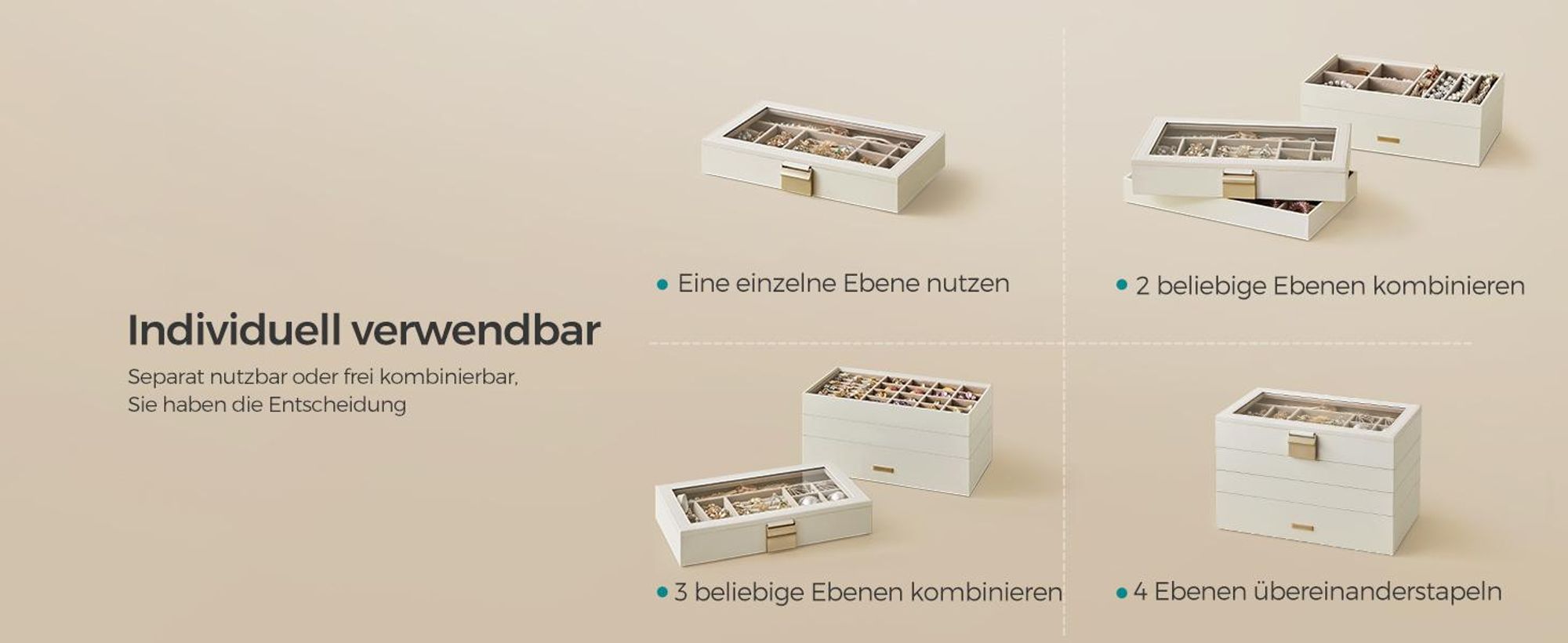 SONGMICS Schmuckkästchen 4 Ebenen, Schmucktablett stapelbar, Schmuckkasten groß, Schmuckbox mit Glasdeckel