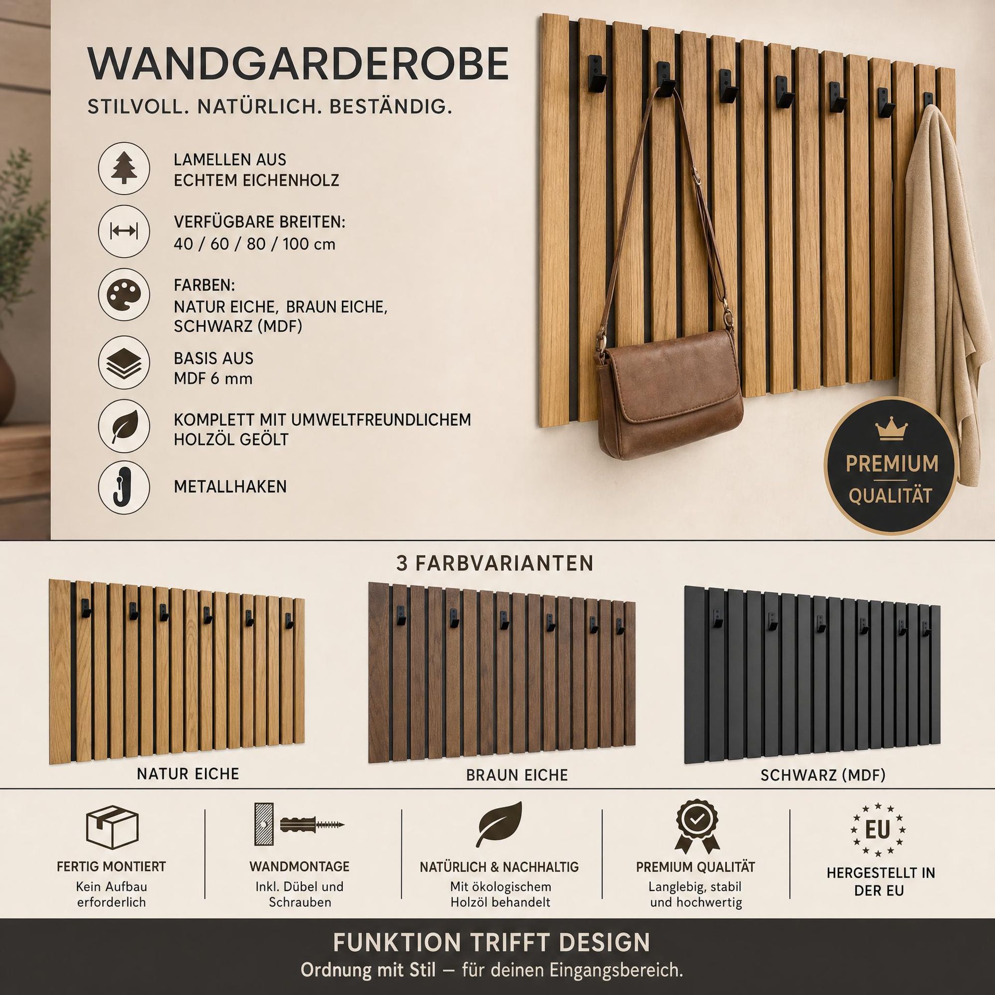 Kleiderhaken Holz Eiche Schwarz – Wandgarderobe Paneel 100x60 cm, Garderobenhaken, Flurgarderobe, Wandhaken, Garderobe Flur, Garderobe Holz