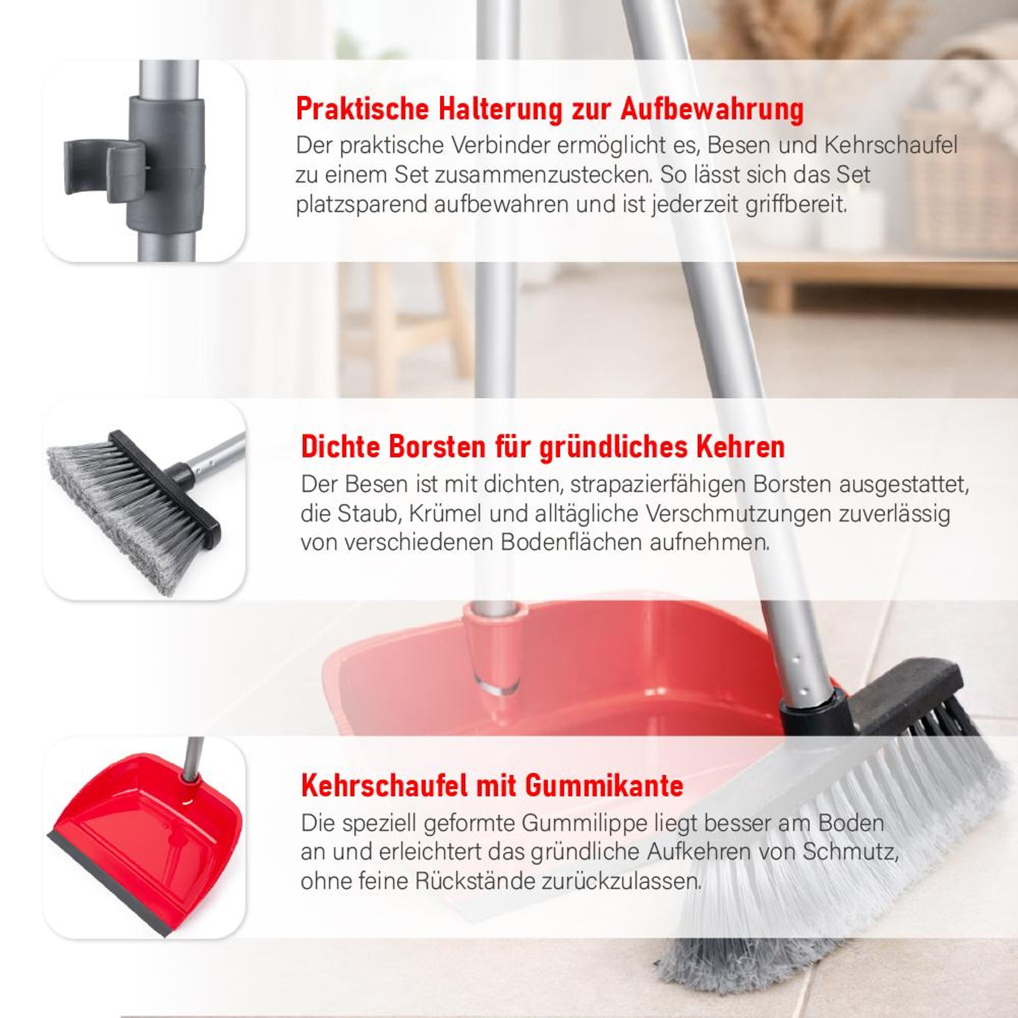 Kehrgarnitur mit Langstiel – 90 cm Besen & Schaufel Set – Rückenschonend, klappbar, Aluminium-Stiel & Gummilippe