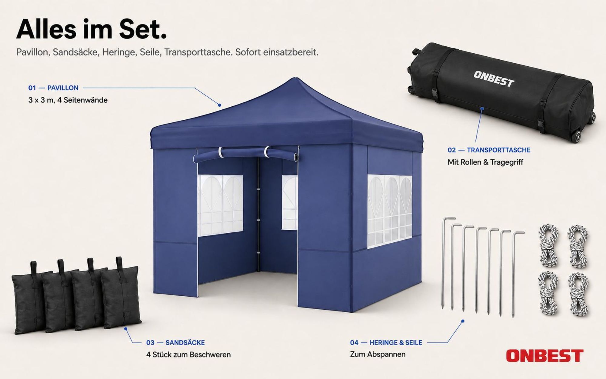 ONBEST Pavillon 3x3 | Wasserdicht | faltbar | Blau | mit Sandsäcke | Heringe | Seile | UV50+ | Premium