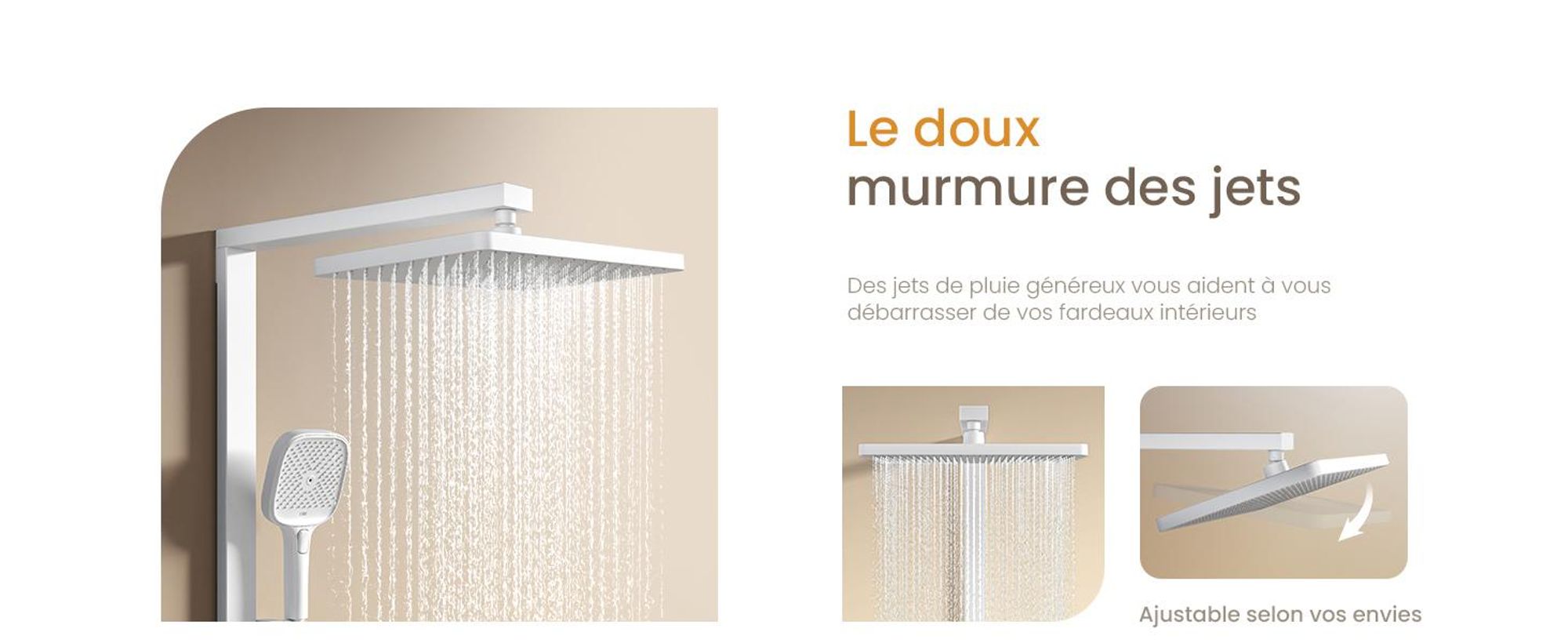 EMKE Système de douche avec thermostat design primé Colonne de douche blanche 360×240mm douche à effet pluie carrée, régulateur de débit, bec de baignoire F29