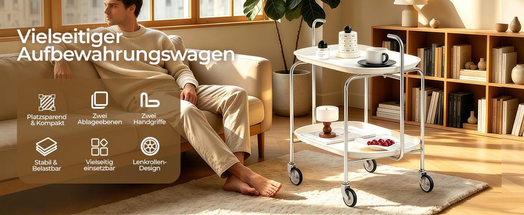 Küchenwagen mit Rollen, Servierwagen Transportwagen Teewagen mit 2 Etagen, Kaffee Erfrischungswagen für Büro, 65x40x70cm, Weiß