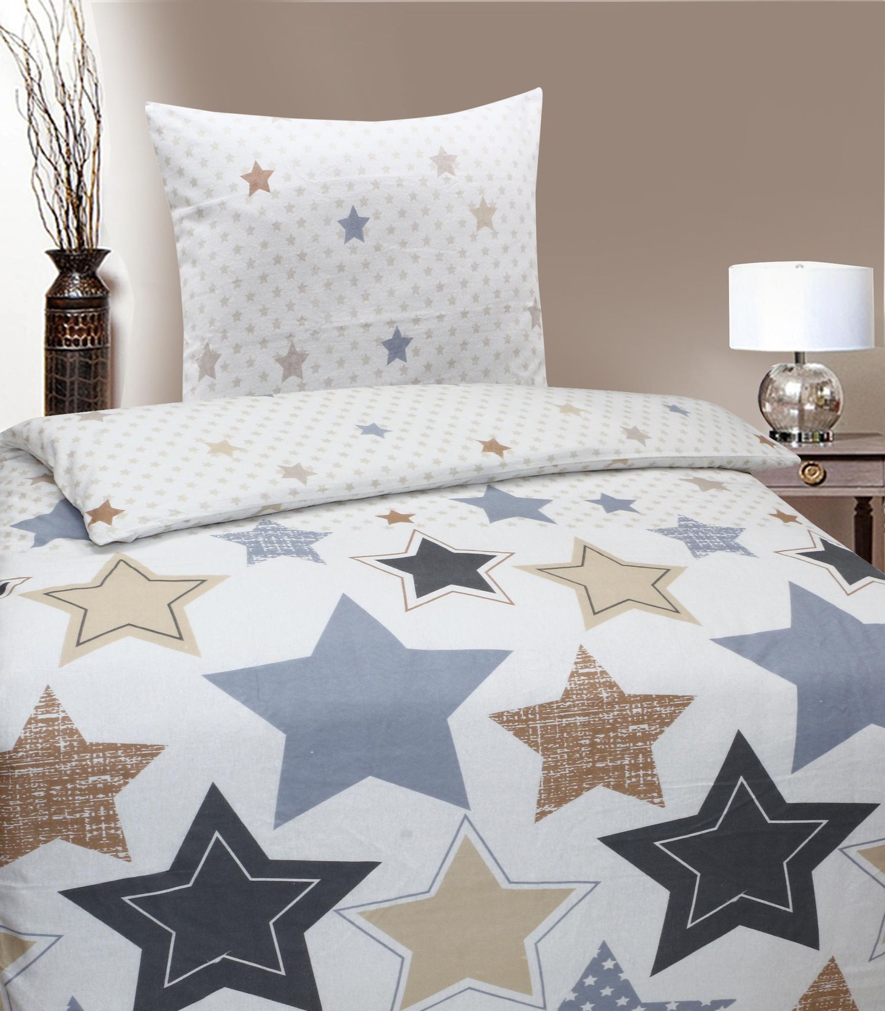Bettwäsche Winter Biber Feinbiber Baumwolle 2x 135x200 + 2x 80x80 cm Doppelpack Design: Sterne