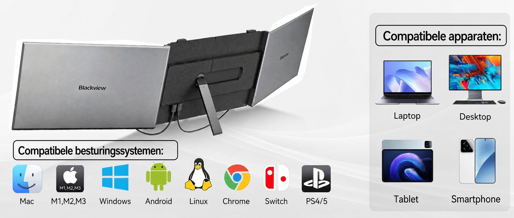 Blackview Draagbaar Scherm DCM6, 14 inch, Dubbel scherm laptopmonitor, ultradun, FHD, geschikt voor laptops van 13,3" tot 17,3", 180° draaibaar, compatibel met Windows/Mac/Android