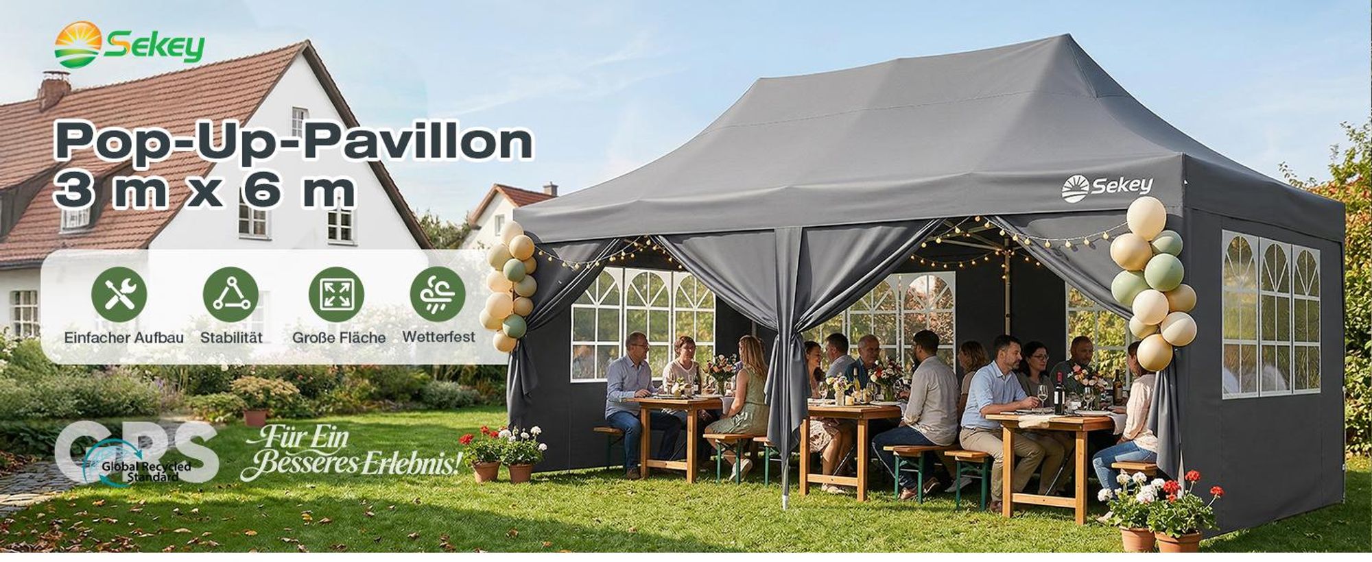 Sekey Faltpavillon 3x6 Wasserdicht mit 6 Seitenwänden, UV50+ Gartenpavillon Partyzelt, Grau