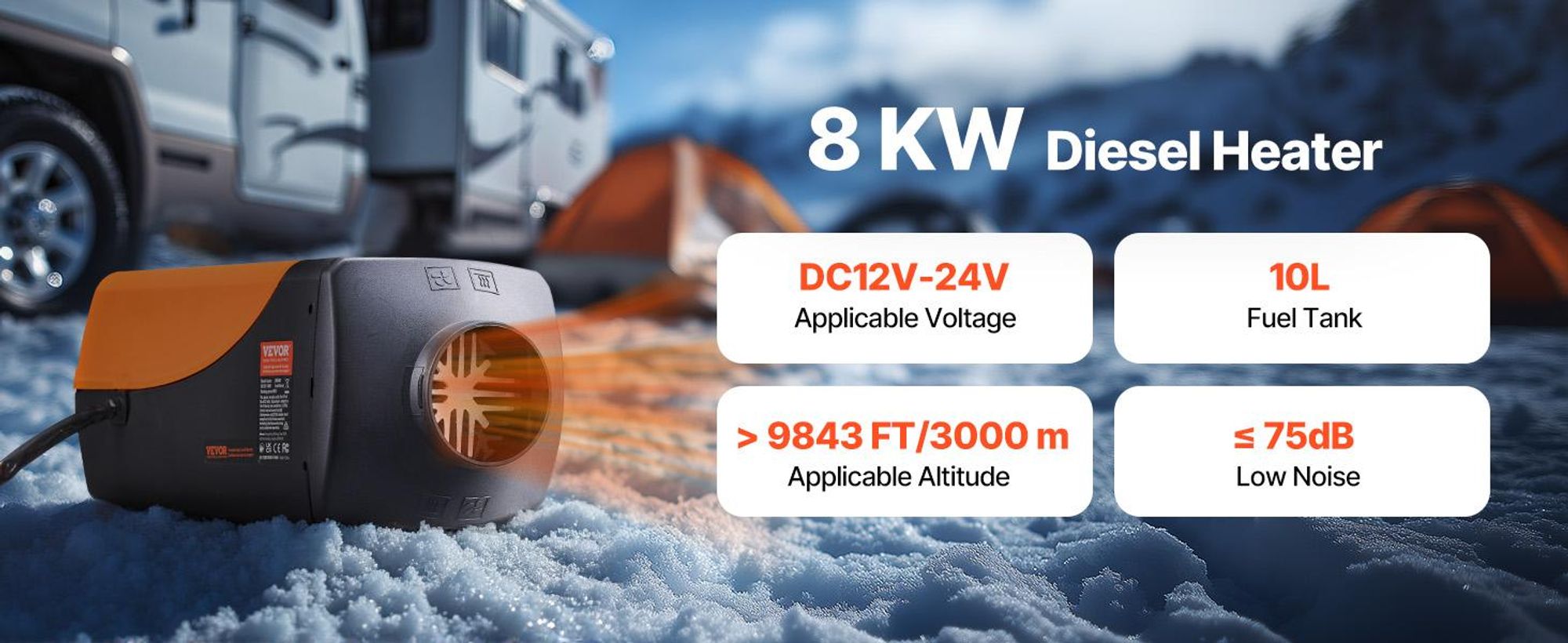 VEVOR 12V 2KW Diesel-Luftheizung Dieselheizung Standheizung Luft-Dieselheizung mit Schalldämpfer, 10L Tank, LCD-Schalter für Autos, Busse, Wohnmobile, Lkw, Baumaschinen, Geteilte Typ-i, Orange-e