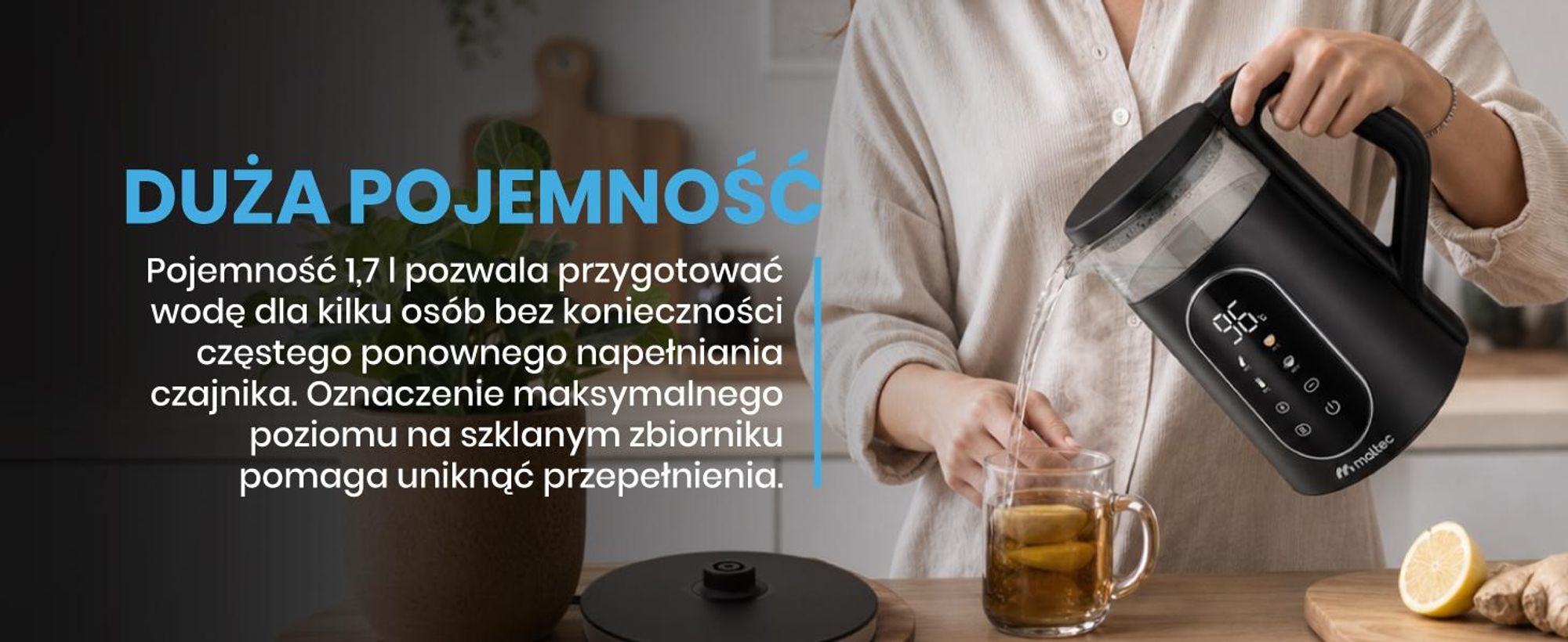 Czarny czajnik elektryczny o pojemności 1700 ml z regulacją temperatury 40-100 stopni mocy 2200W