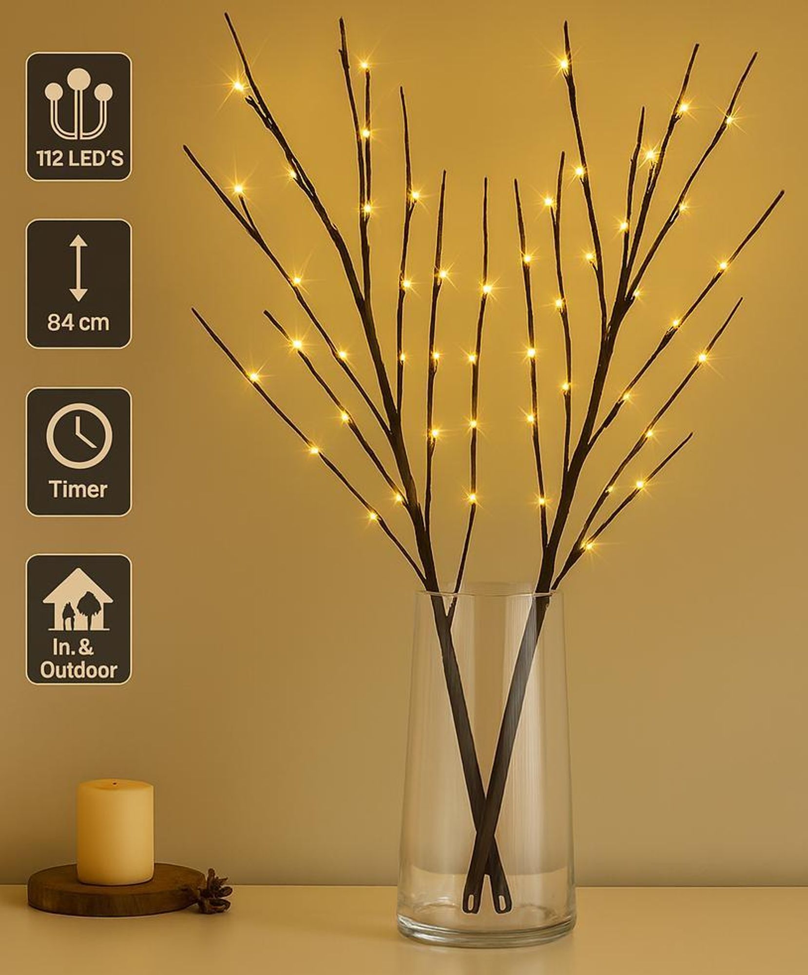 LED Deko Zweig 84 cm Schwarz mit 112 warmweißen LEDs, Timerfunktion, Batteriebetrieben, IP44 für Innen & Außen, flexible Äste