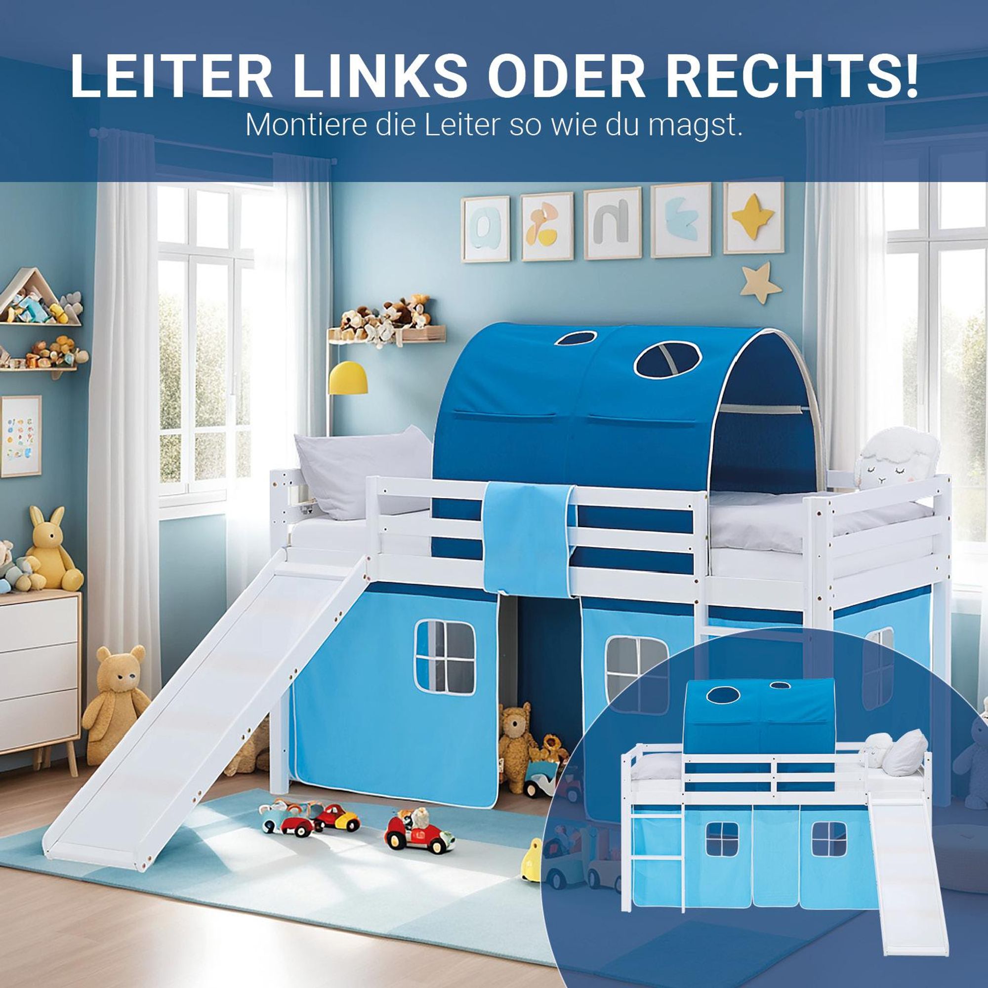 Die Rutsche vom Bett ist links oder rechts montierbar.