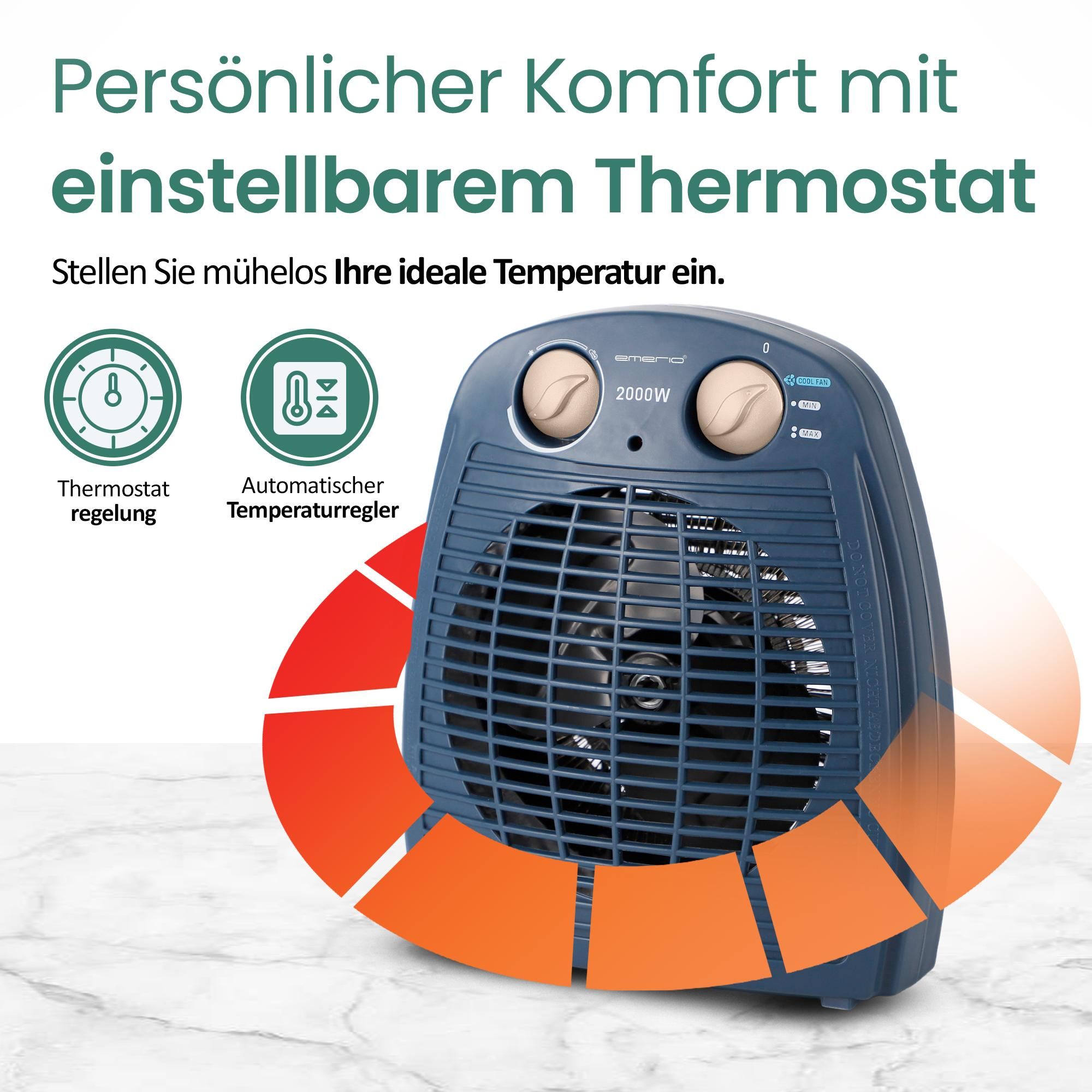 Emerio Heizlüfter FH-106737.12 – 25 m² – 2 Heizstufen – Ventilationsfunktion – einstellbarer Thermostat – Kontrollleuchte – Kippschutz – Blau