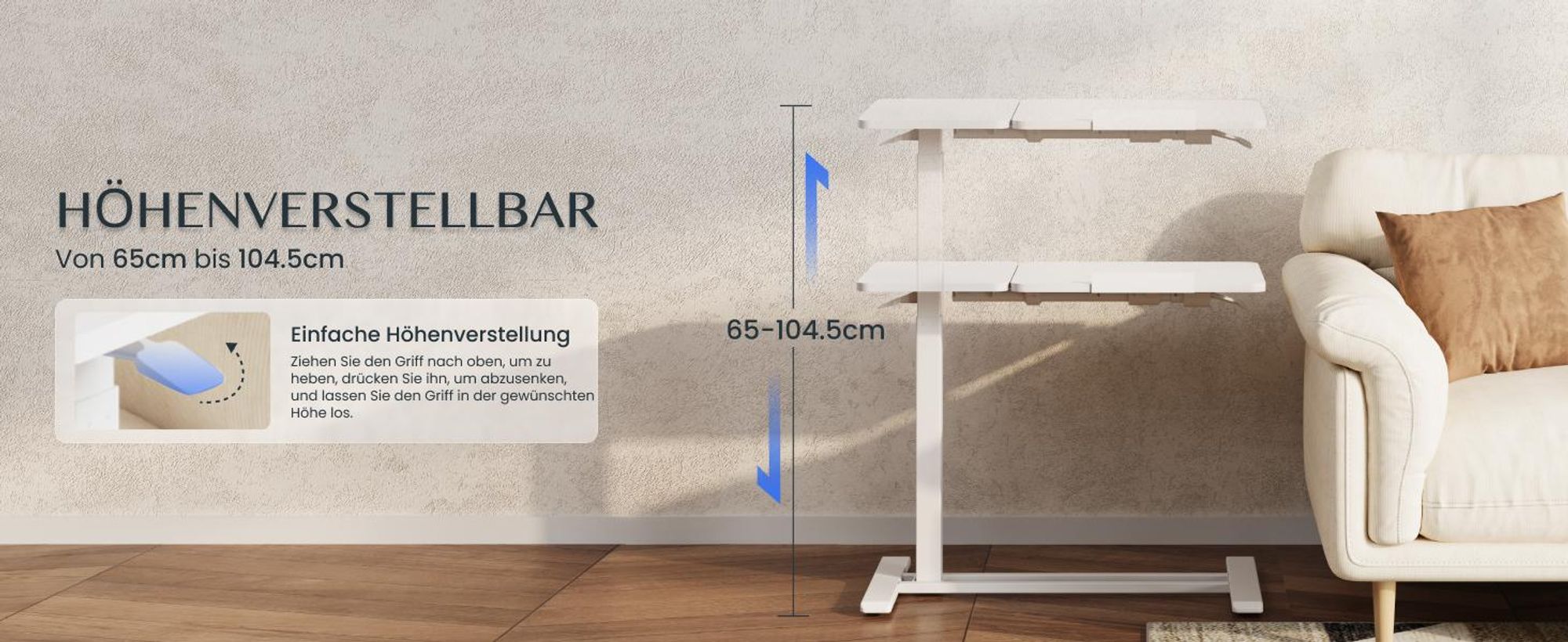 FLEXISPOT Beistelltisch Höhenverstellbar 80x40cm Laptoptisch mit Neigbarer Desktop, Betttisch mit Rollen, für Wohnzimmer und Schlafzimmer, Weiß