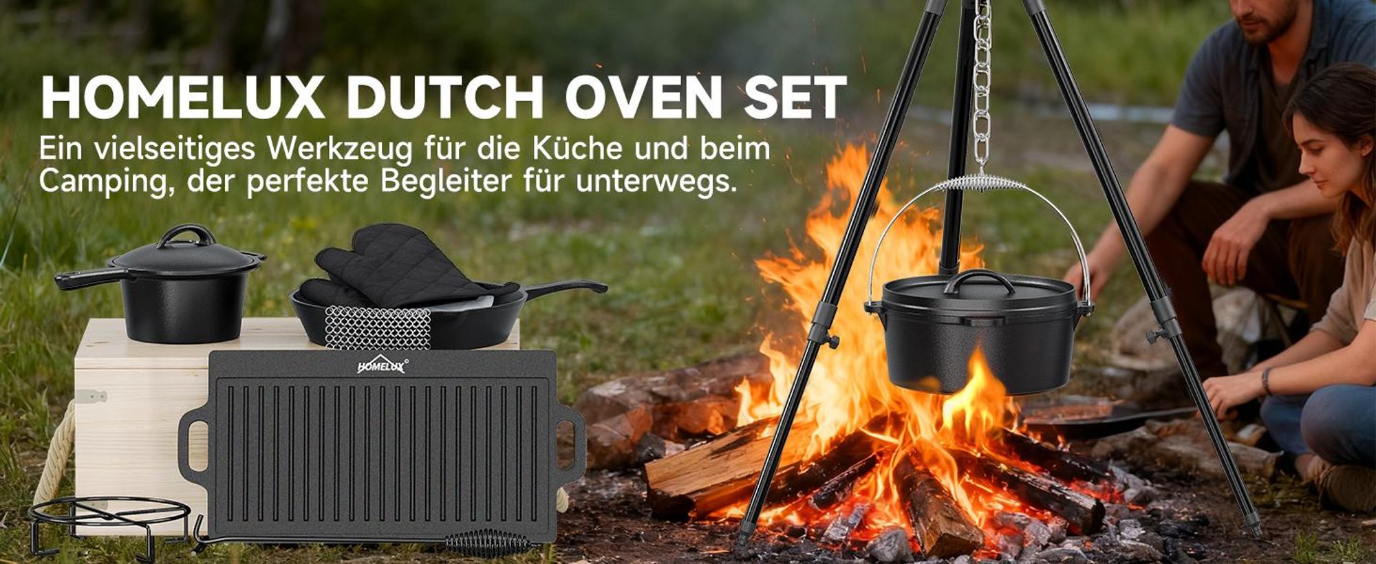HOMELUX 10-teiliges Dutch Oven Set in Holzkiste, Kochtopf, Pfanne, Saucentopf, Wende-Grillplatte, Handschuhe, Stapelrost, Ringreiniger, Deckelheber