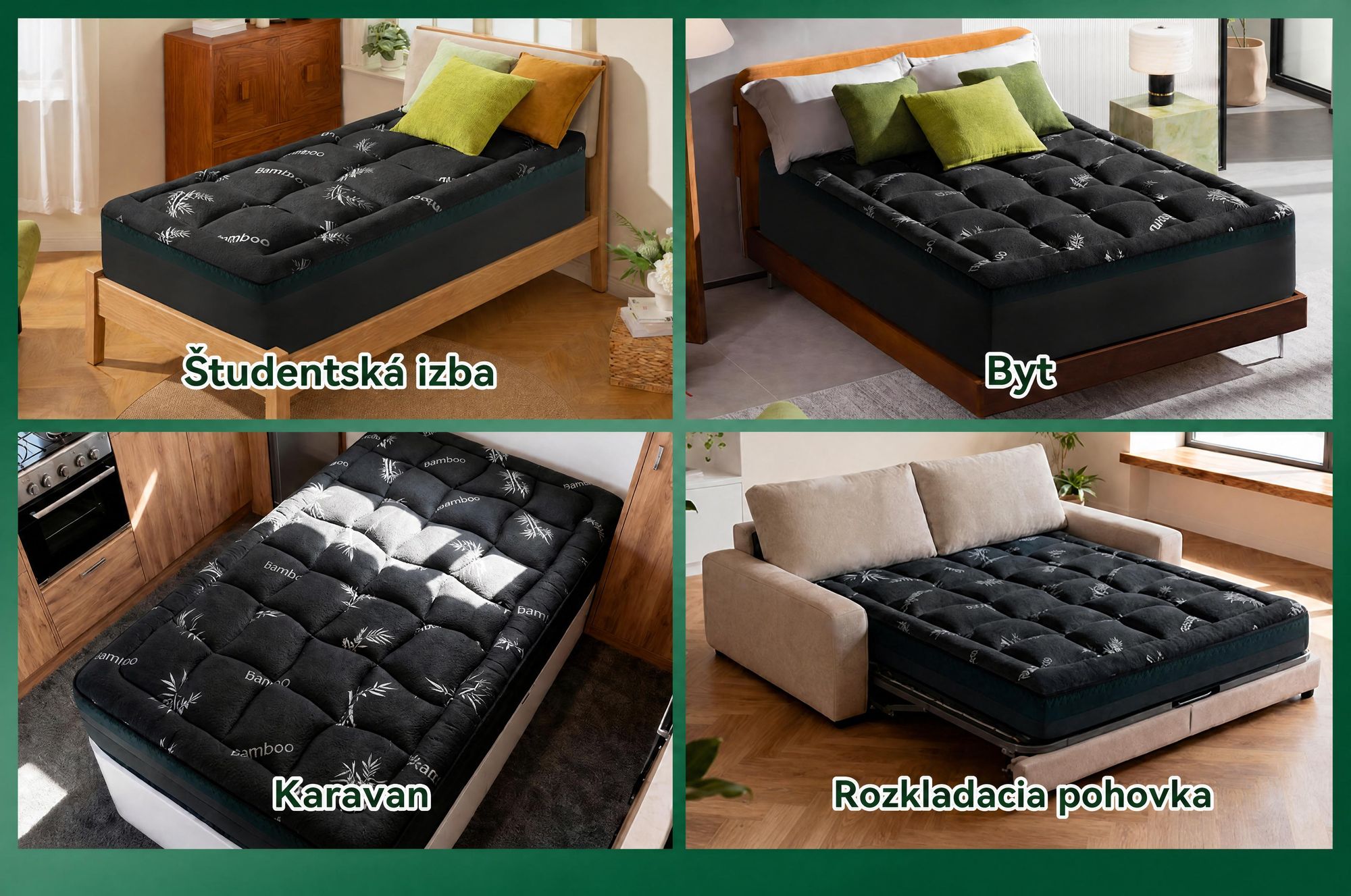 NicePlus, vrchná matrace 2 v 1, 140x200x7 cm, 5-zónová pamäťová pena + vrchná vrstva z bambusu, s rohovými gumičkami pre všetky typy matrací, tvrdosť H2/H3, čierna