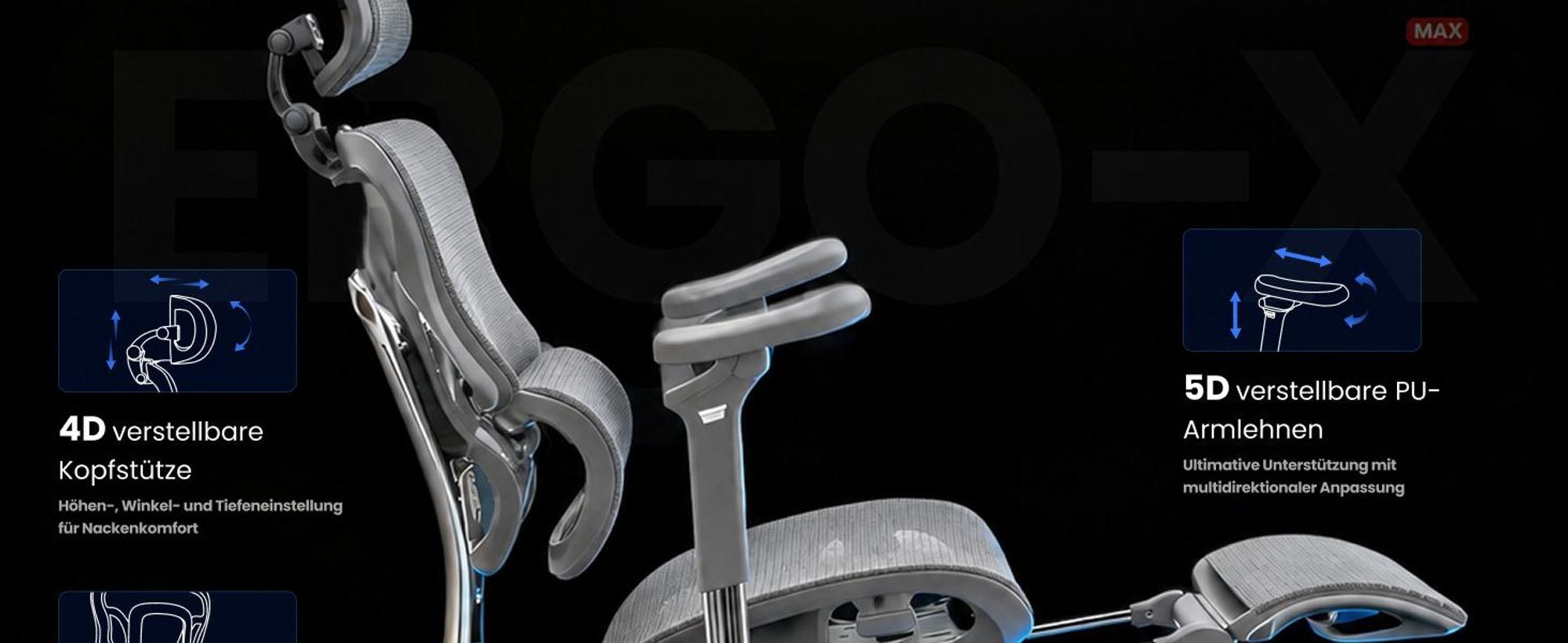 FLEXISPOT ErgoX Max Ergonomischer Bürostuhl bis 300 kg, mit Fußstütze, 4D Kopfstütze & 5D Armlehnen, Einteiliger Rücken- & Lendenstütze, Grau