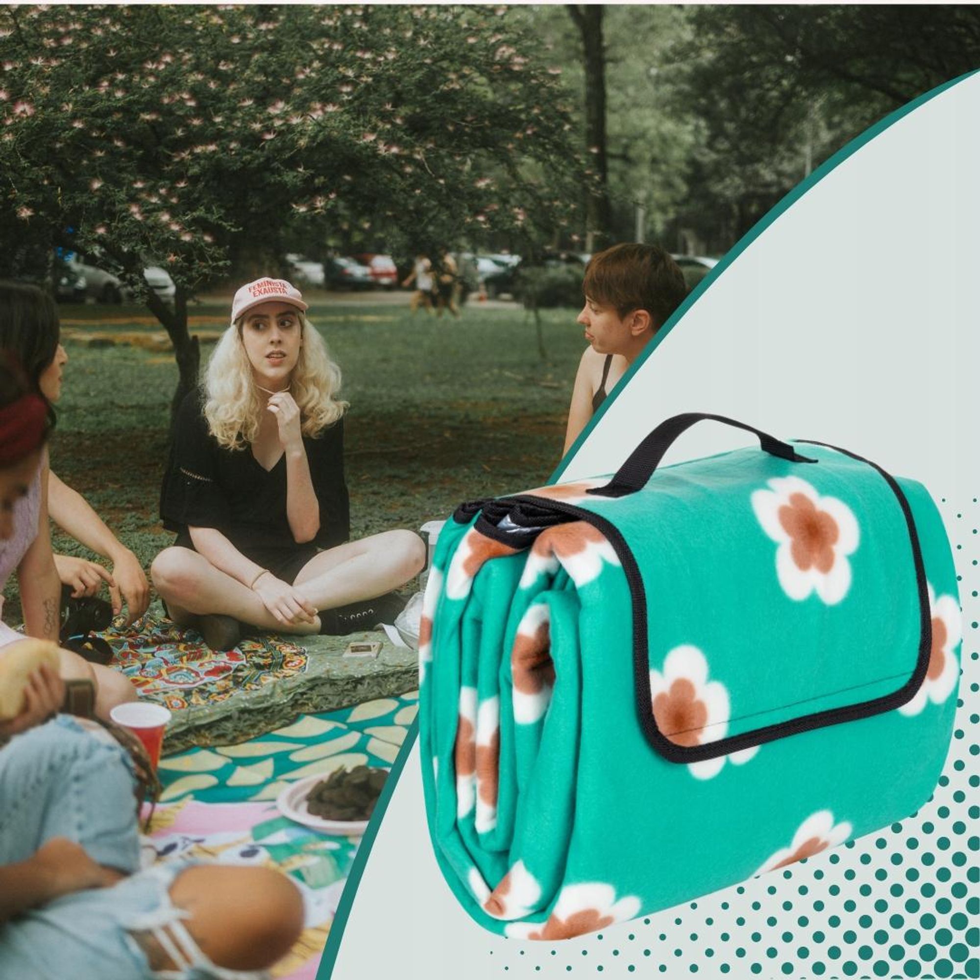 KRUMAD Picknickdecke XXL 200x200 cm Wasserdicht, 3-lagig Isoliert, Fleece Campingdecke Stranddecke Faltbar mit Tragegriff