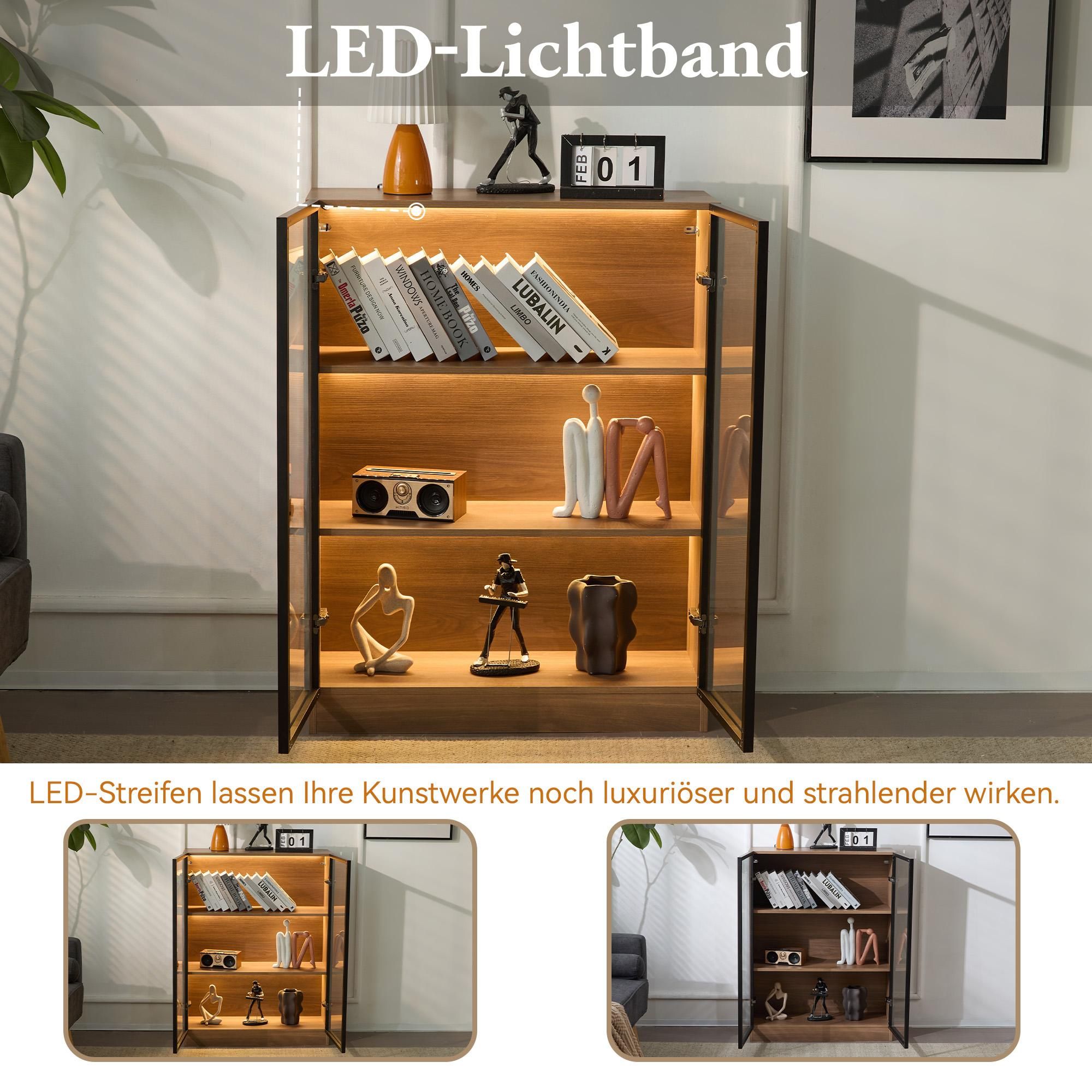 MERAX Glasvitrine Sideboard mit LED-Beleuchtung und 3 Einlegeböden, Standvitrine Wandvitrine aus gehärtetes Glas, 32x106x80cm Sammlervitrine Kommode