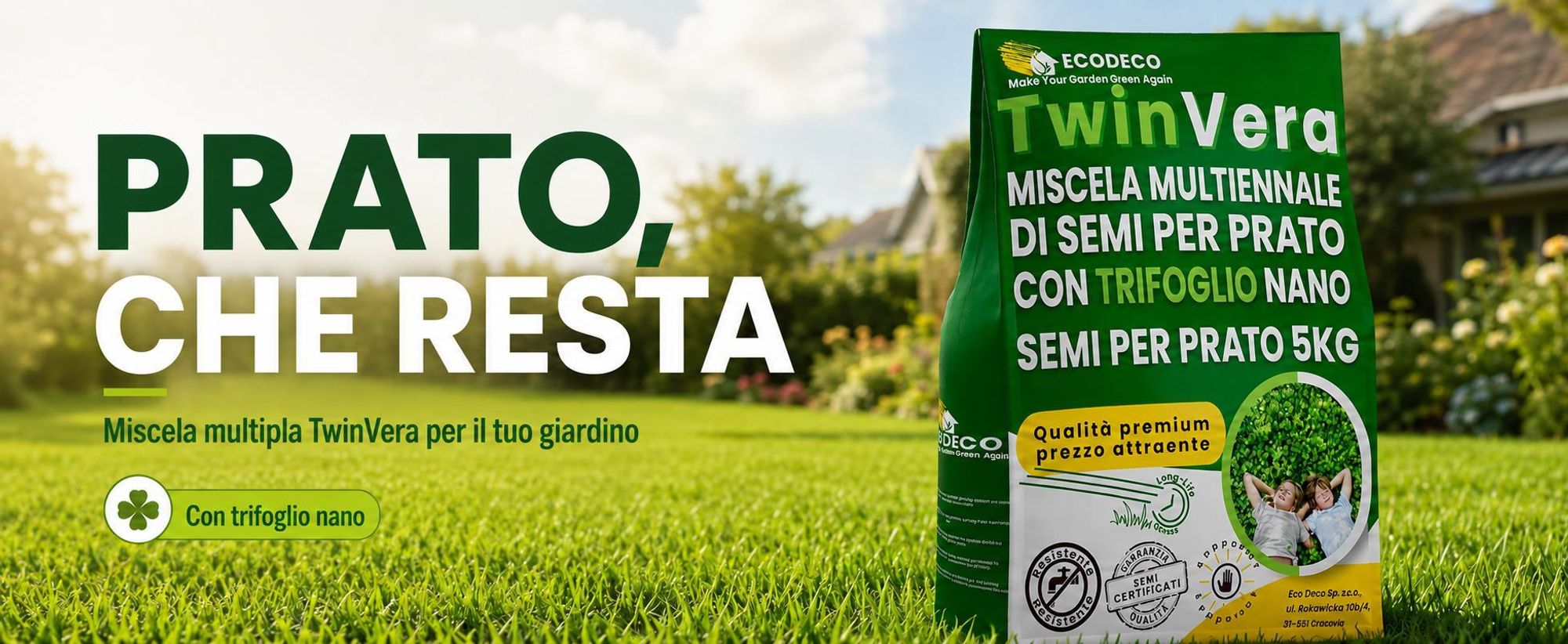 EcoDeco semi per prato, miscela con microtrifoglio, semi prato 5 kg, per prato ornamentale e giardino domestico