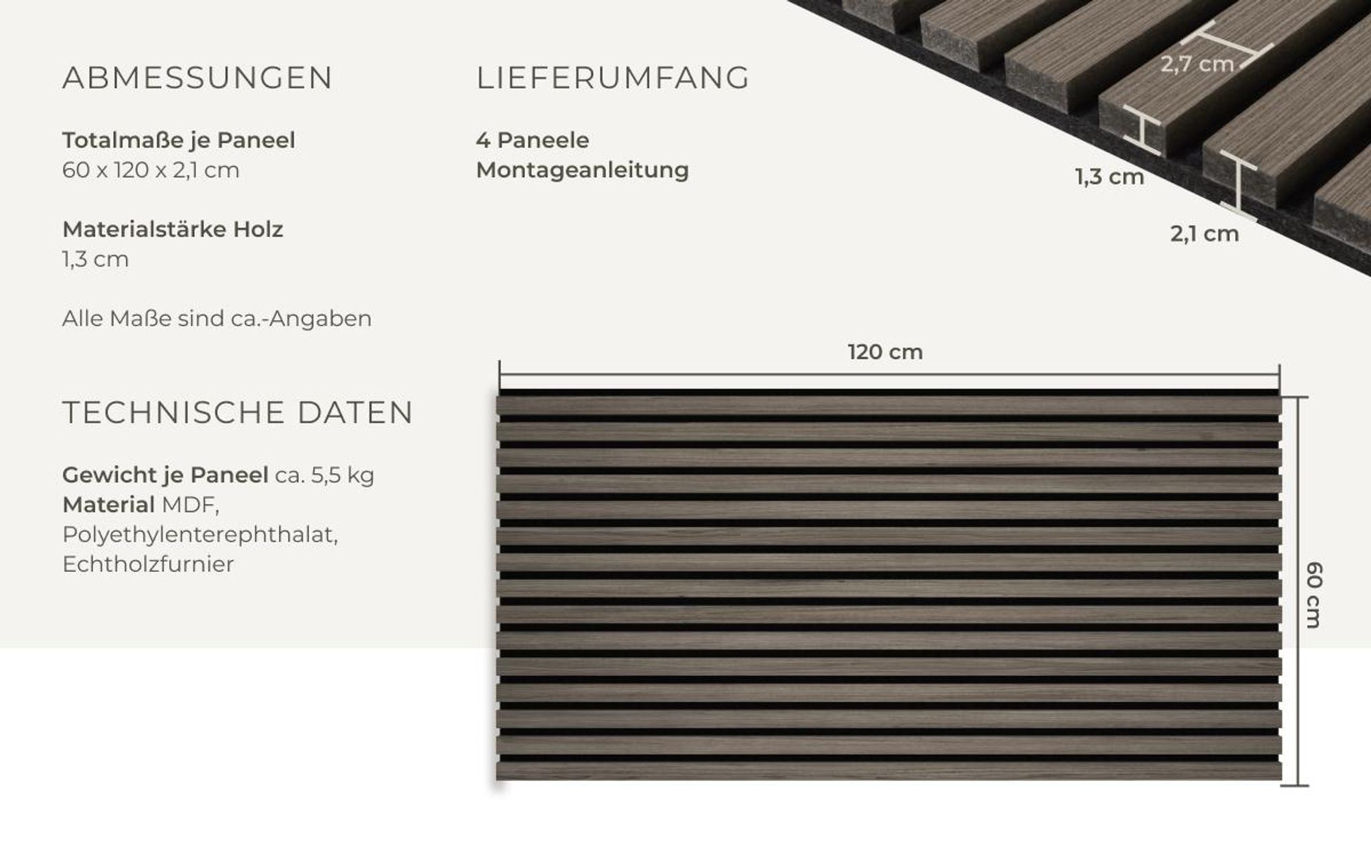 tectake® Akustikpaneele Sonic Wall Holzoptik in Eiche grau je 60 x 120 x 2,1 cm, Größe flexibel anpassbar