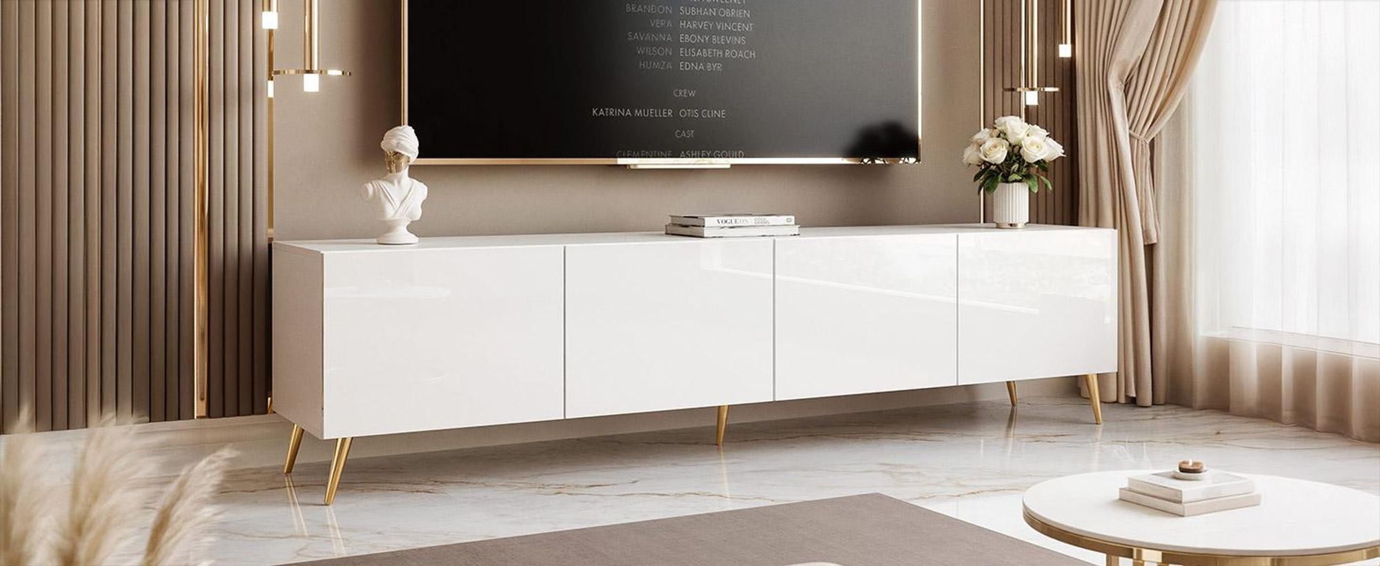 Idohome TV Lowboard Angel 200 cm Weiß Hochglanz – Schrank mit LED-Beleuchtung, Fernsehschrank auf goldfarbenen Metallbeinen, Medienmöbel, Push to Open