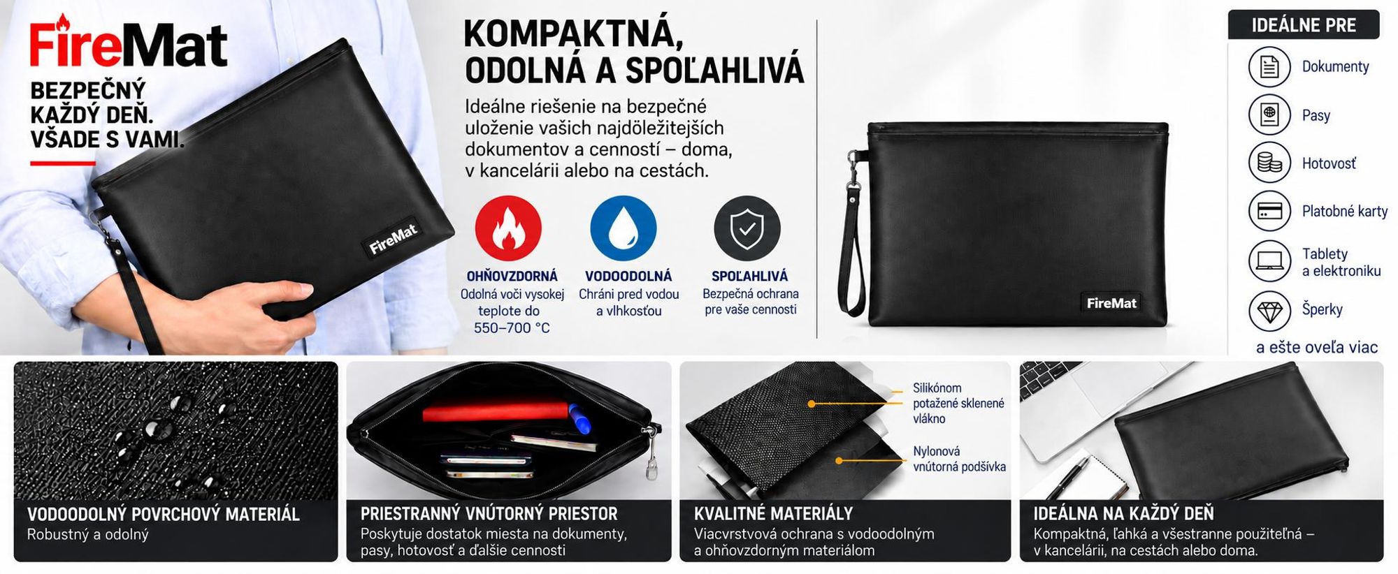 FireMat ochranná taška na pas, peniaze, karty, šperky a dokumenty.