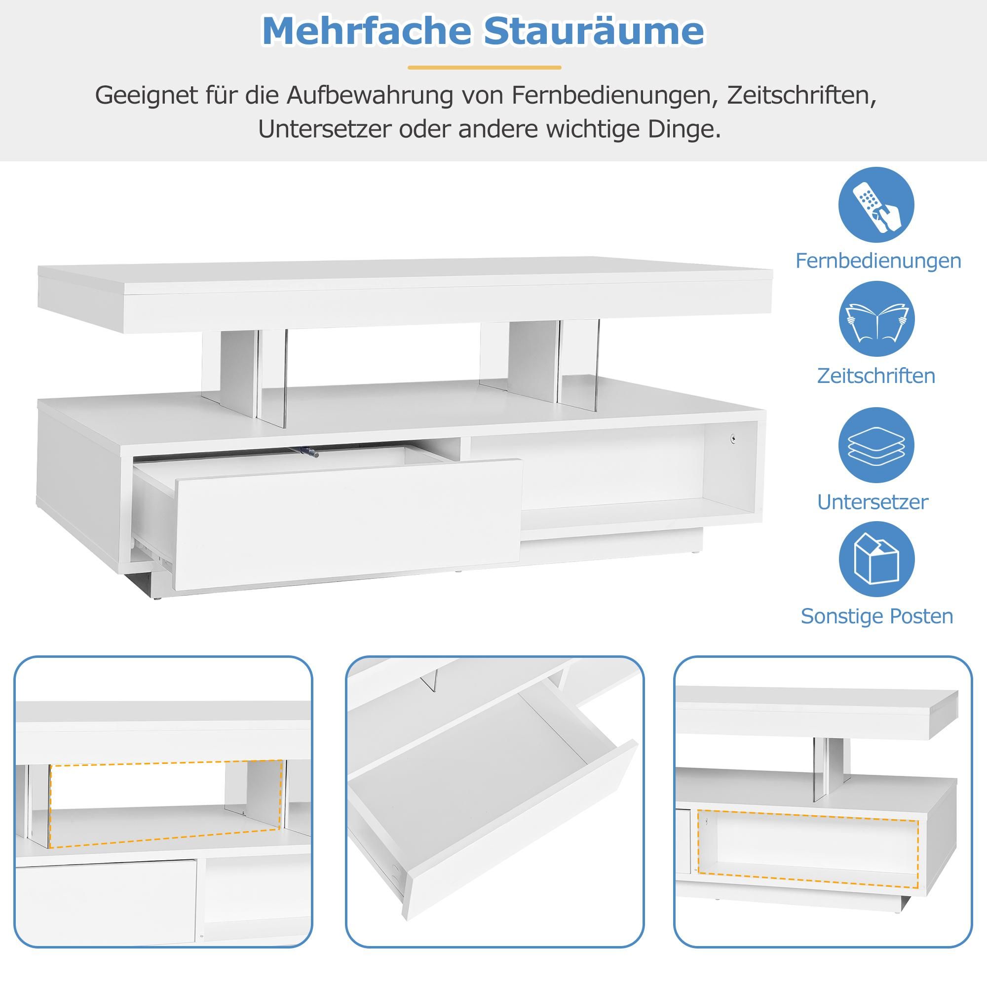 Merax Couchtisch mit 2 Schubladen und Stauraum, Beistelltisch Hochglanz Sofatisch mit LED inkl. APP, Wohnzimmertisch 95x42,5x50cm, Weiß