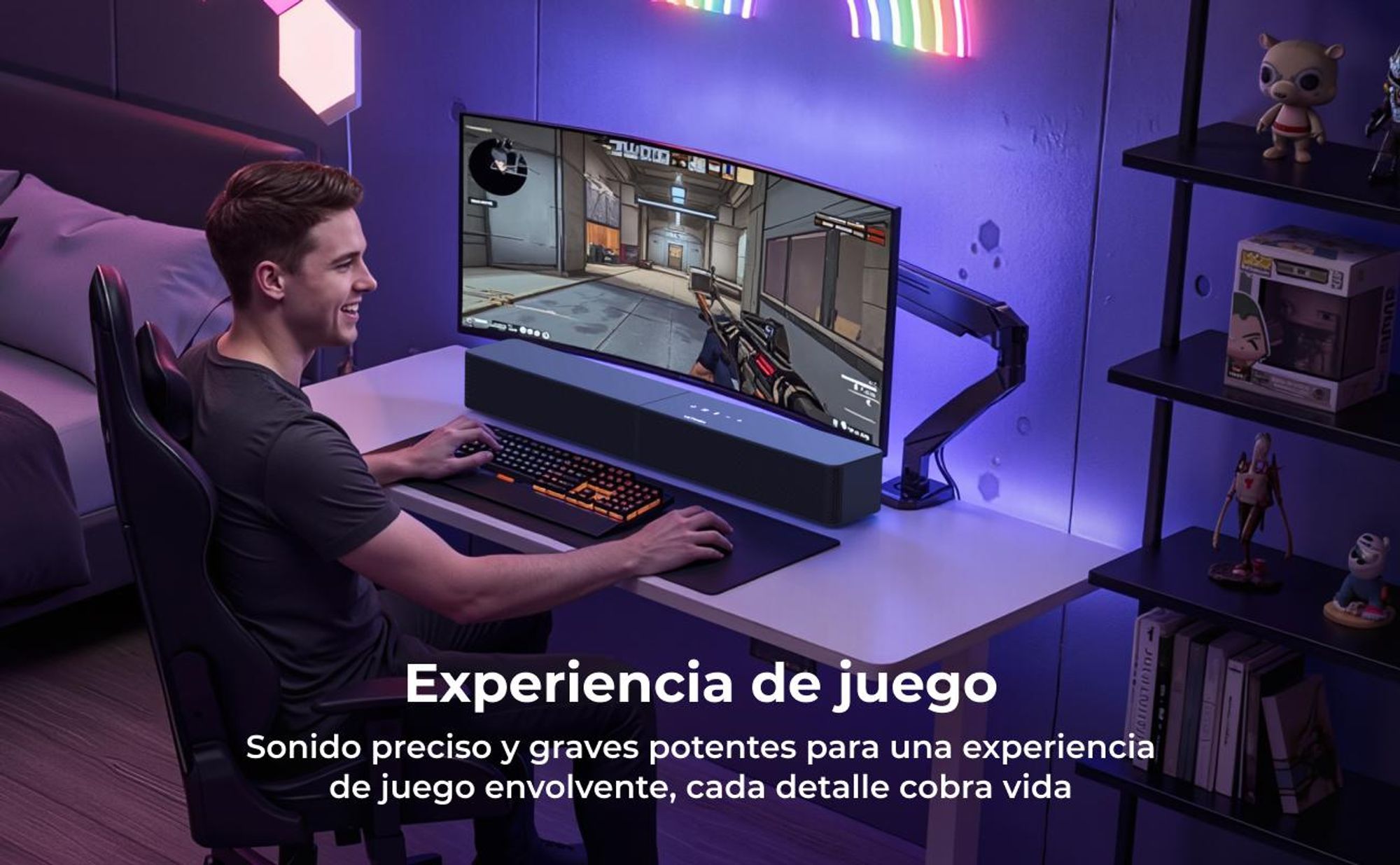 Barra de sonido ULTIMEA de 2.1 canales con subwoofer inalámbrico, 240 W de potencia máxima, tecnología VoiceMX y BassMX, control mediante aplicación, HDMI, Bluetooth® 6.0, modelo Poseidon R3T