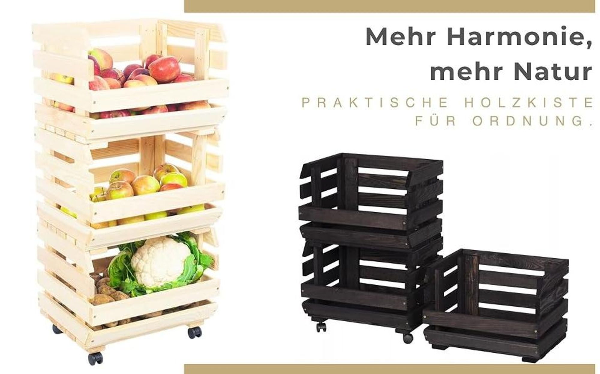 STOLMAK Schwarz Obstkiste aus Holz mit Rollen – 3 Etagen – 37x79x30 cm – Aufbewahrung für Obst & Gemüse – Stapelbar – Holzkiste Regal mit Körben