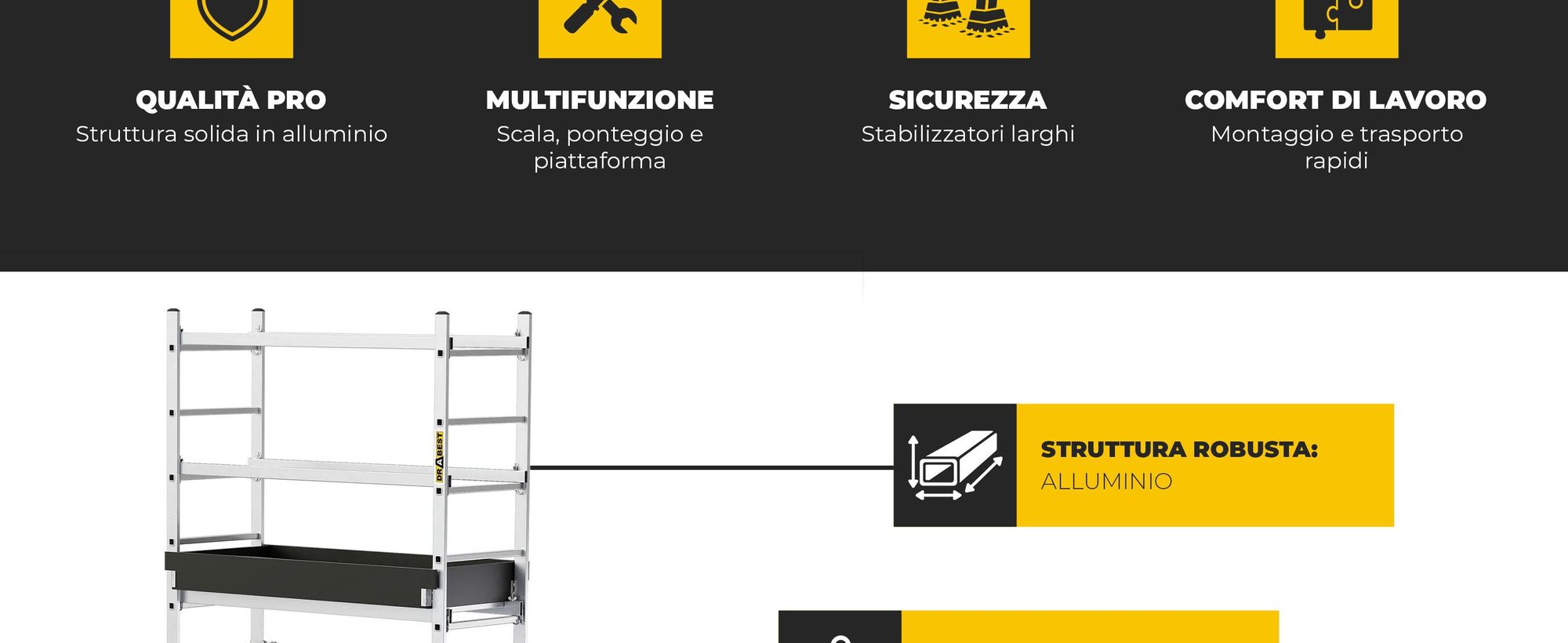 Drabest | ponteggi in alluminio, ponteggi, ponteggi a scala, ponteggi a scala da 160 kg, ponteggi in alluminio, piattaforme di lavoro, ponteggi in alluminio con piattaforma