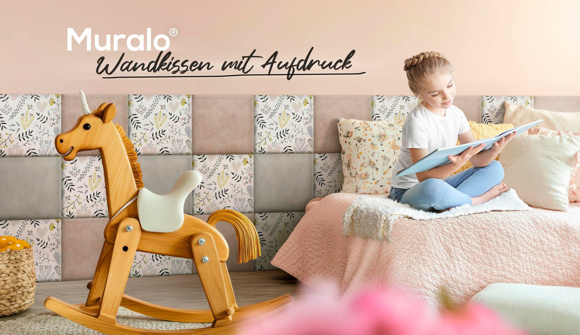 Muralo Gepolstertes Wandpaneel mit Aufdruck für Kinder POLSTERPANEEL 30x30 Paneel Wandpolster BLUMEN Herzen Blätter Wanddeko für Kinderzimmer