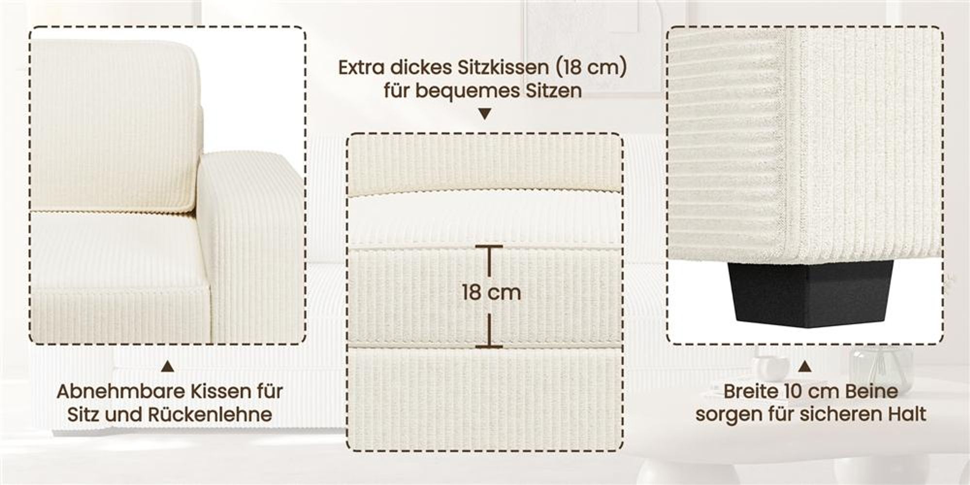 Yaheetech 3-Sitzer Sofa aus Cordstoff, 212 cm breit, Polstersofa mit Kissen & Rückenlehne & Armlehnen, Elfenbein