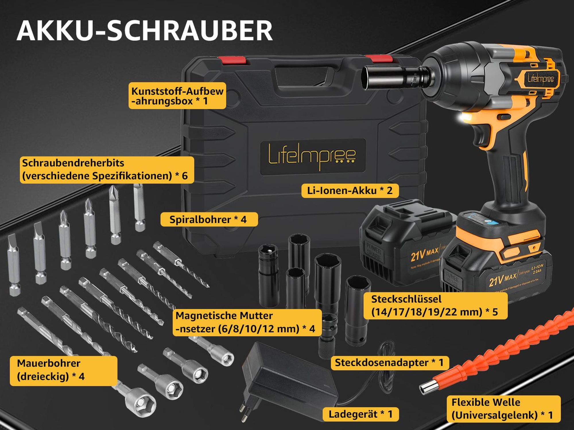 LifeImpree Profi Akku-Schlagschrauber 1000 Nm, Bürstenlos, 3-Gang AutoStop-Modus, leistungsstark, kompakt & mobil, Gelb