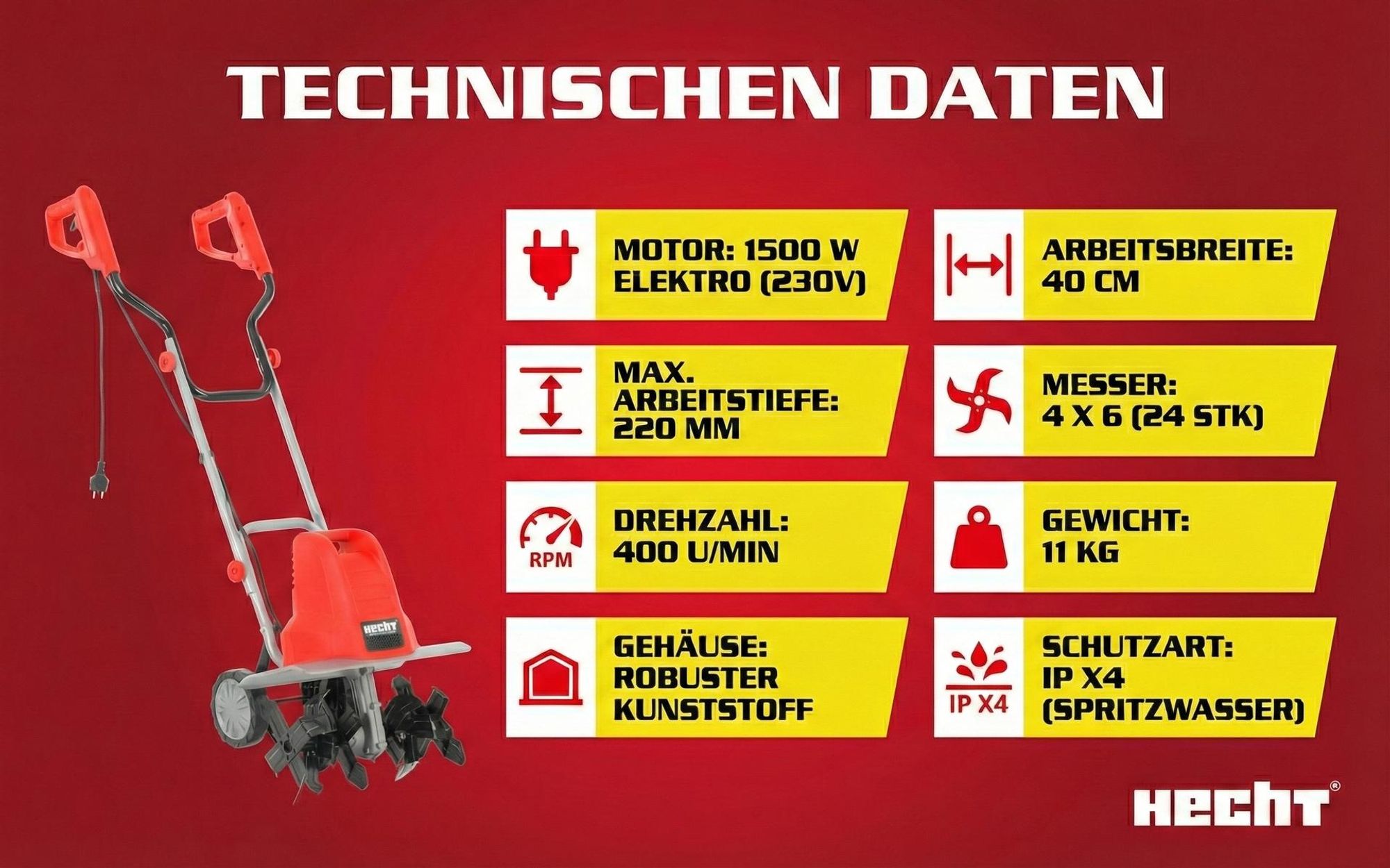 HECHT 745 Motorhacke Elektro | 40 cm Arbeitsbreite | 22 cm Arbeitstiefe | 1500W | 24 Messer | 400 U/min | 230V