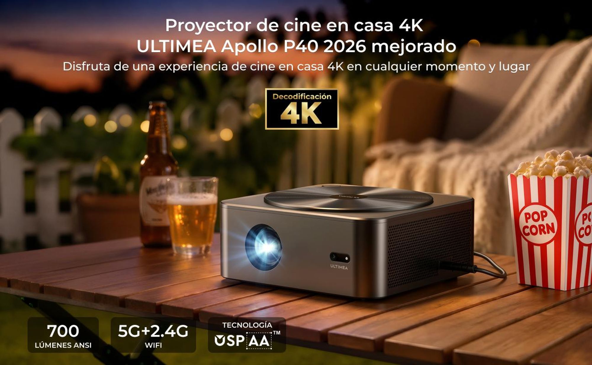 Ultimea Apollo-P40: Proyector 4K, versión actualizada con detección de obstáculos, 700 lúmenes ANSI y ajuste inteligente de la imagen