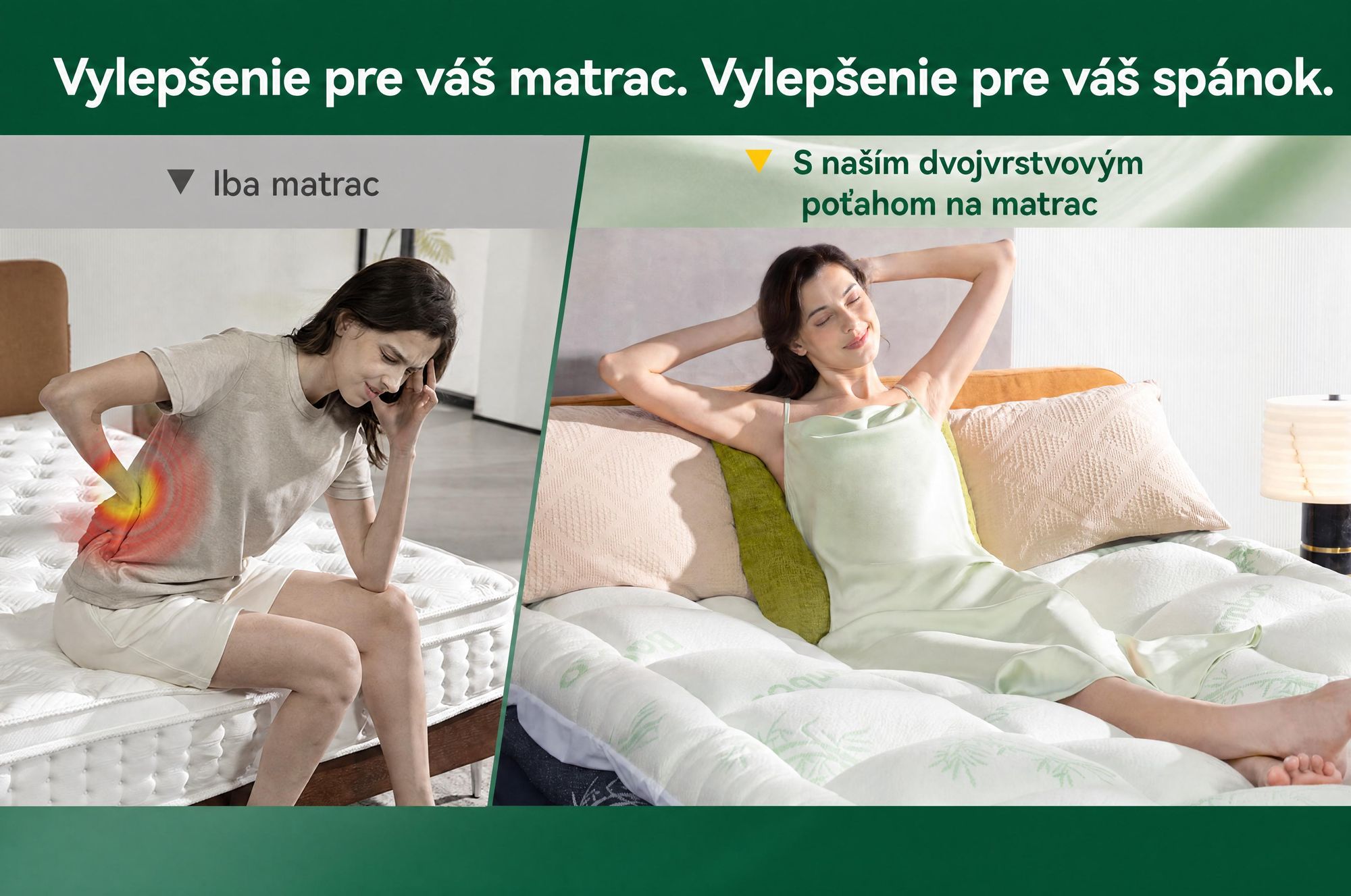 NicePlus, vrchná matrace 2 v 1, 90x200x7 cm, 5-zónová pamäťová pena + vrchná vrstva z bambusu, s rohovými gumičkami vhodná pre všetky matrace, tvrdosť H2/H3, zelená