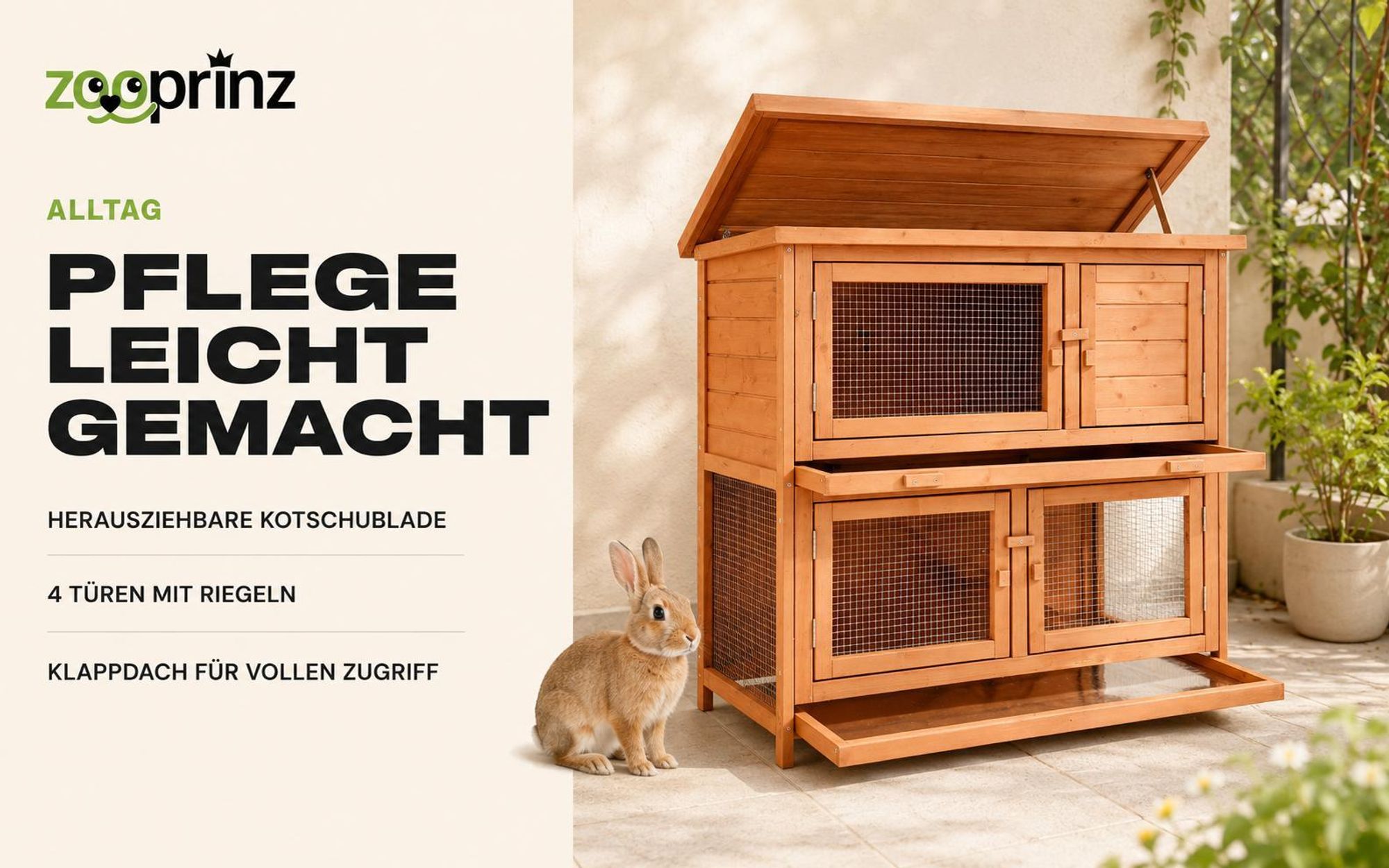 zooprinz Hasenstall Mukkel Wetterfest 2-Etagen Klappdach lasiertes Massivholz 104x94x55cm (BxHxT)