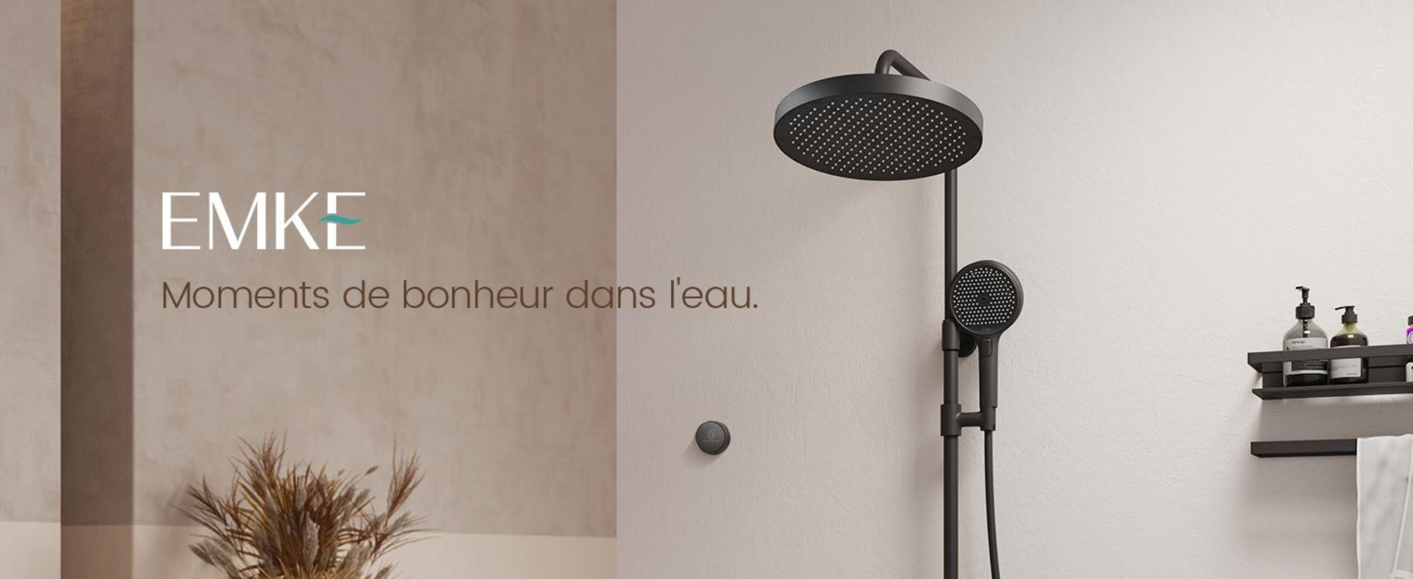 EMKE® Système de douche avec thermostat Noir avec douche pour enfants, affichage digital & filtre à chlore 4 sorties Rond Douche de pluie Familiale Colonne de douche F23