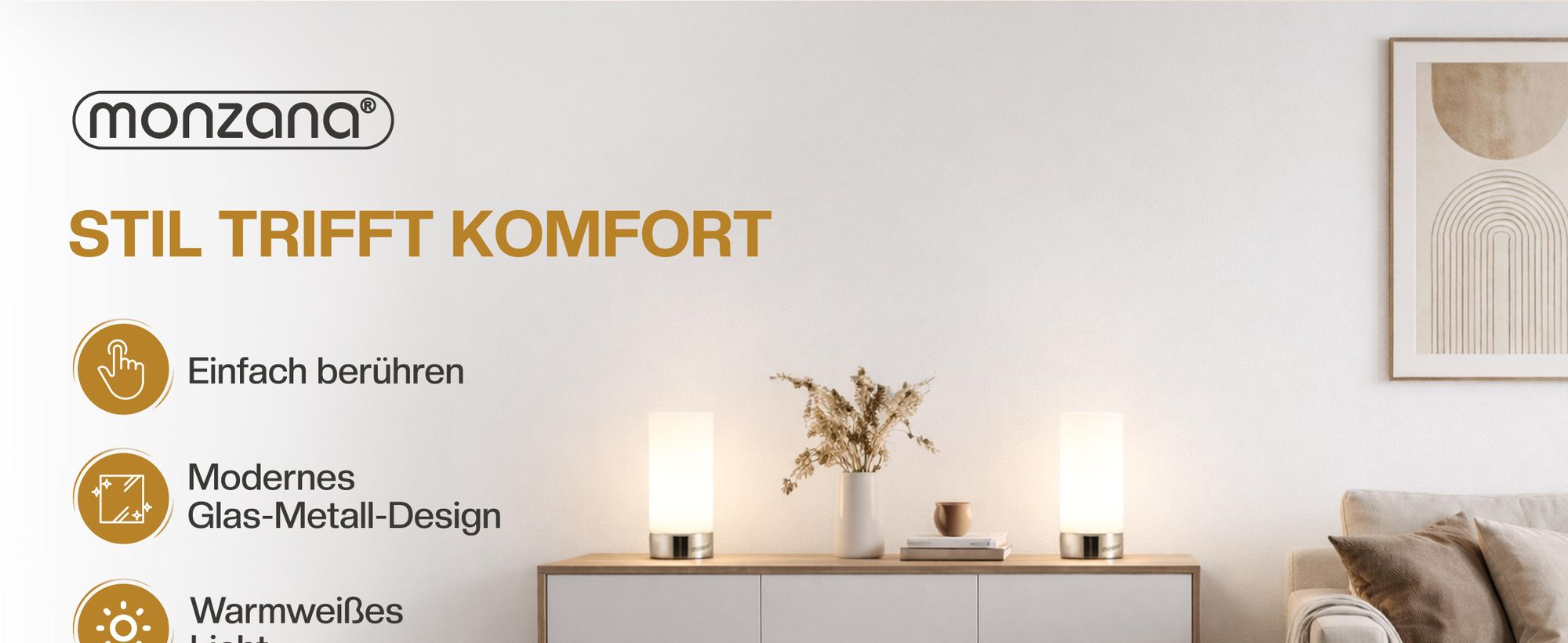 MONZANA® Nachttischlampe 2er Set Touch Dimmbar mit LED Leuchtmittel Glasschirm Tischlampe Tischleuchte Wohnzimmer Schlafzimmer Nachtlicht Leselampe